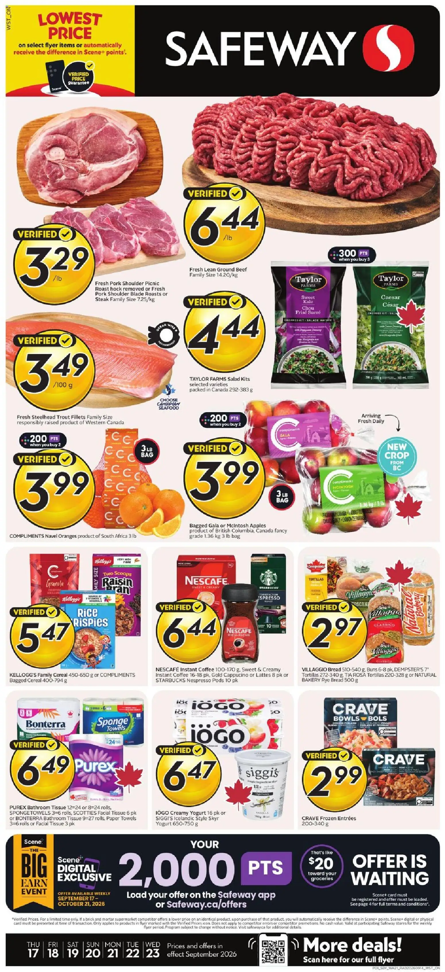 Safeway flyer valid from Sep 17, 2026 | Page: 1 | Products: Kale, Bread, Pork, Oranges