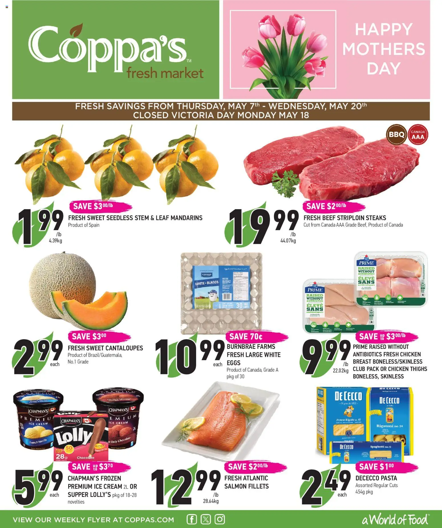 Coppas Fresh Market flyer valid from 07.05.2026 | Page: 1 | Products: Beef, Pasta, Ice cream, Chicken