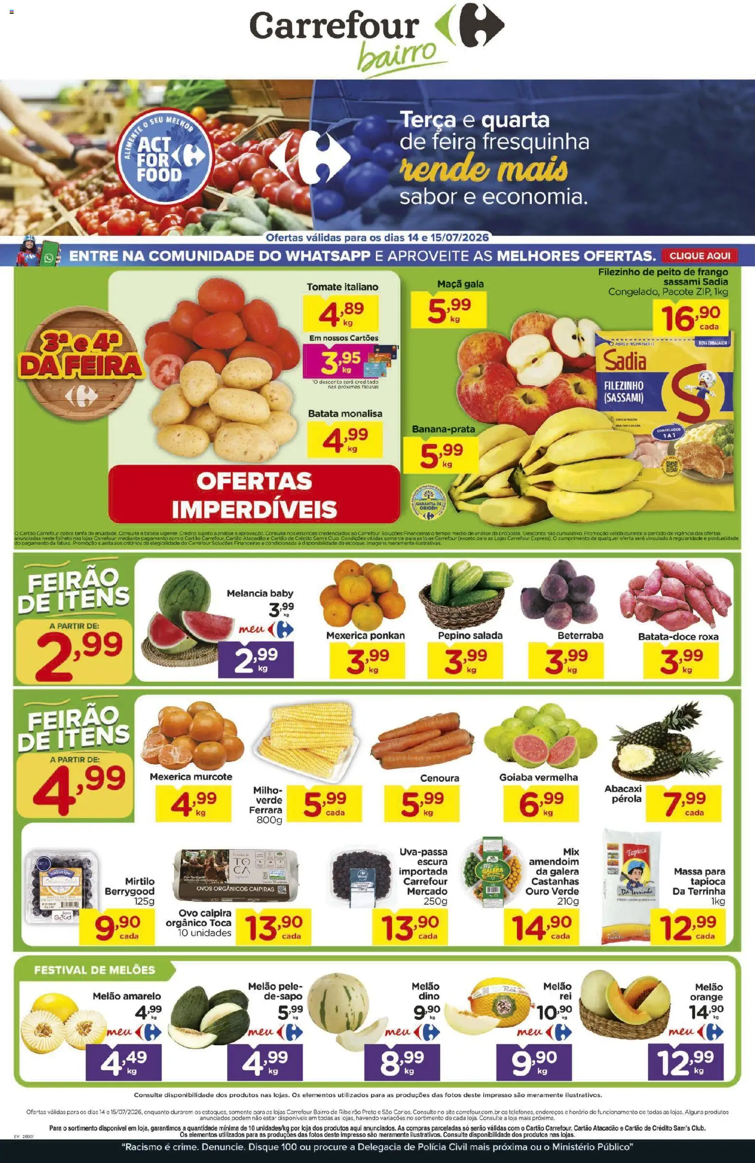 Carrefour Bairro Folheto - válido de 14/07/2026 | Página: 1 | Produtos: Melão, Mirtilo, Amendoim, Salada