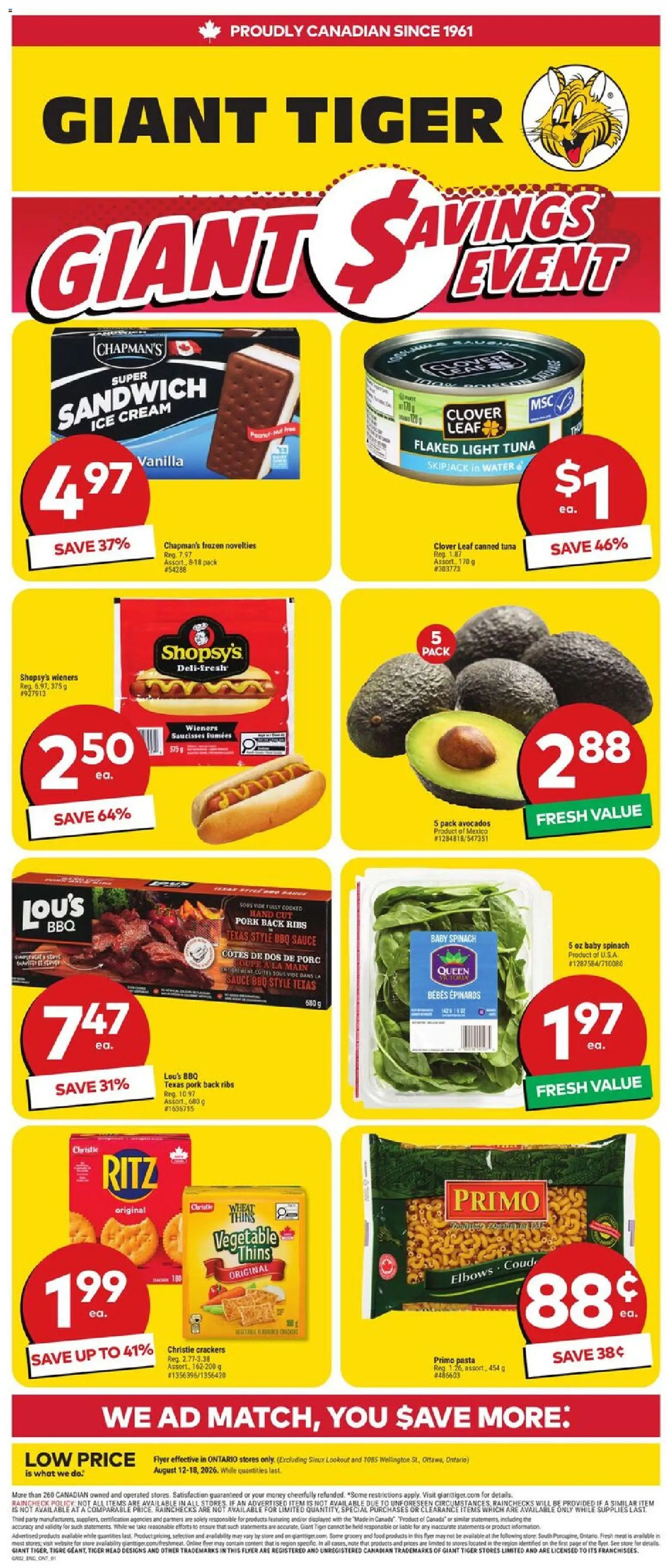 Giant Tiger flyer valid from Aug 12, 2026 | Page: 1 | Products: Pasta, Crackers, Food, Ice