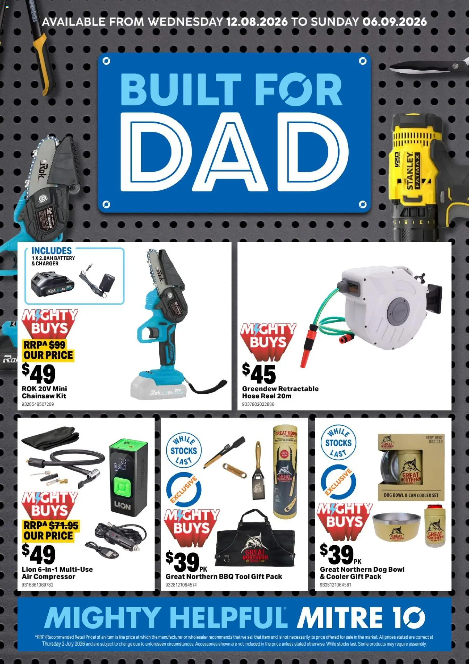 Mitre 10 catalogue - valid from 12/08/2026 | Page: 1 | Products: Battery, Compressor, Chainsaw, Air compressor