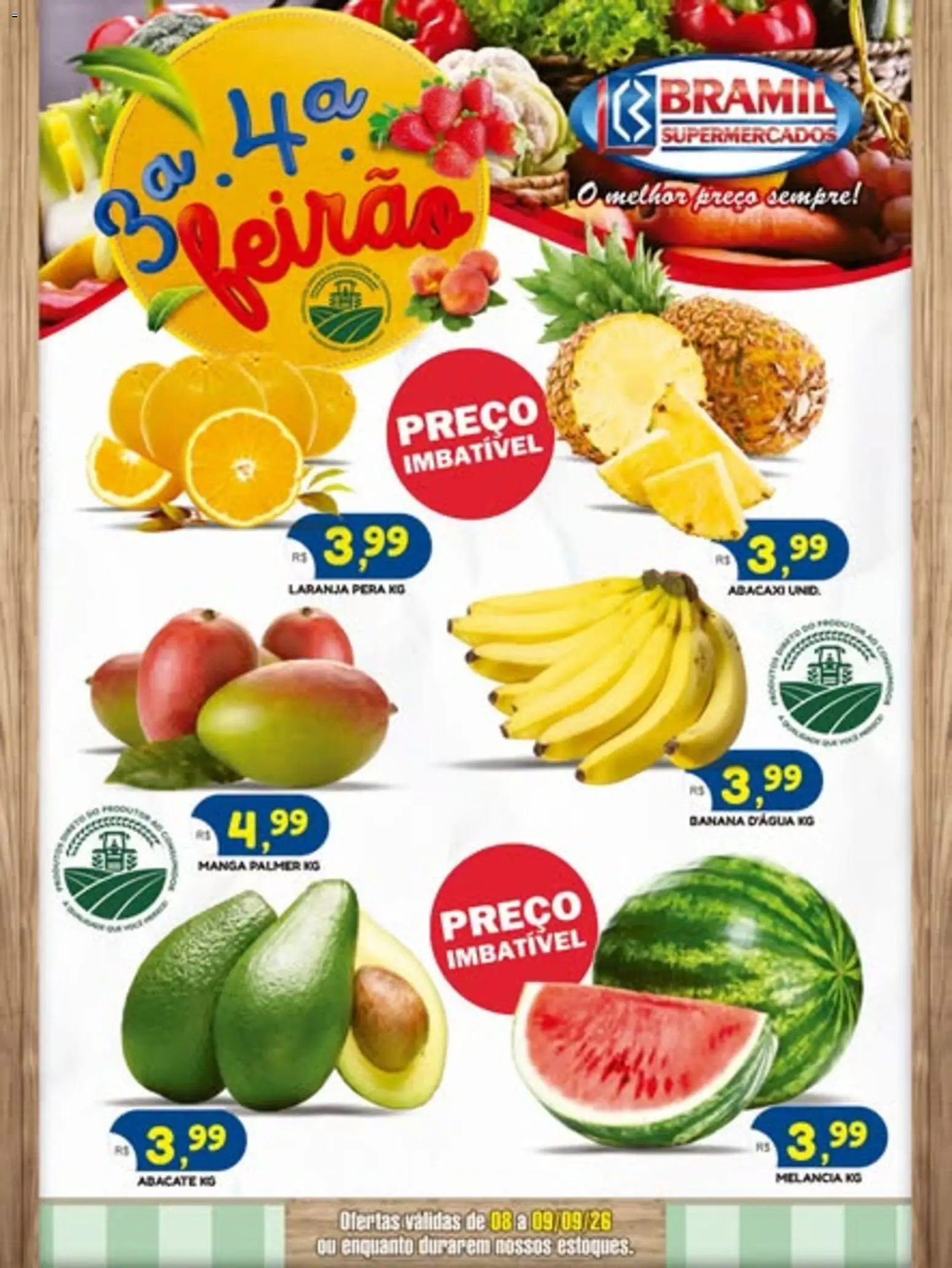 Bramil Supermercados Folheto - válido de 08/09/2026 | Página: 1 | Produtos: Melancia, Pera, Abacaxi, Manga