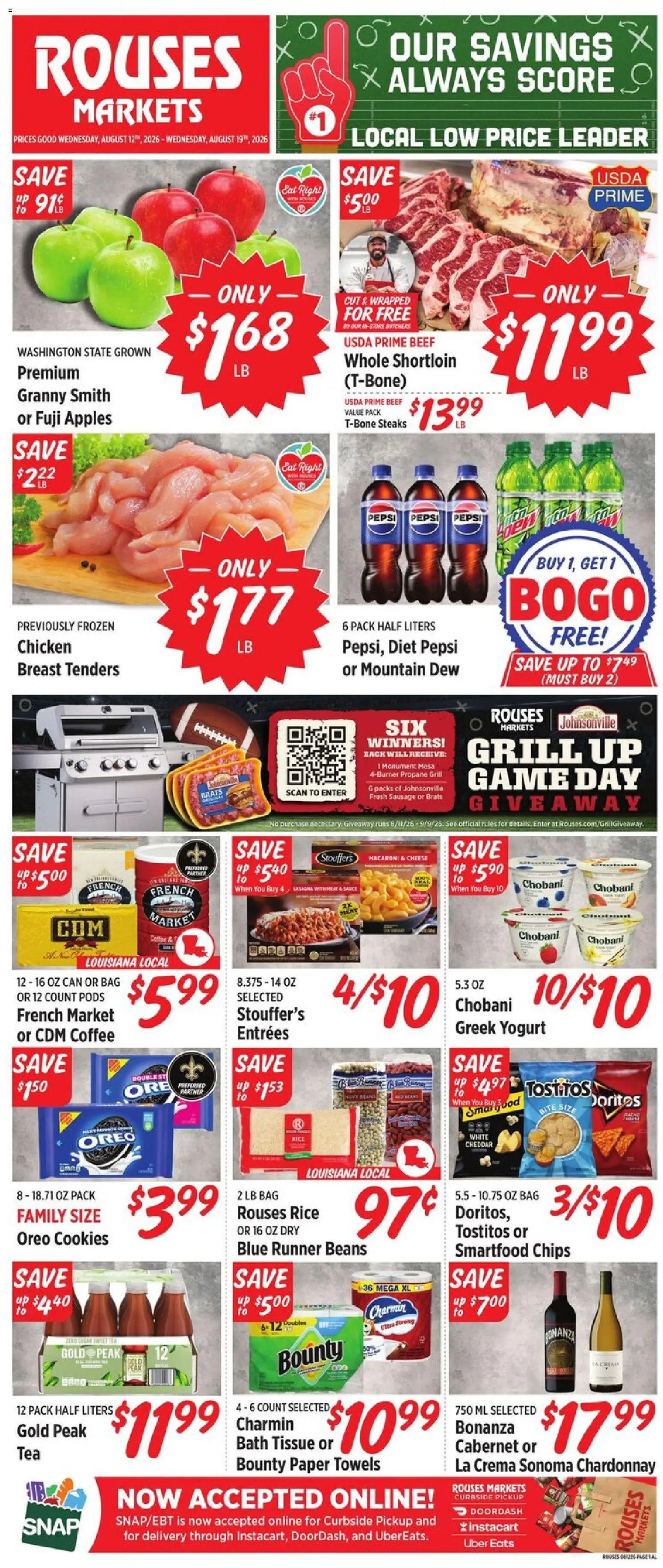 Rouses Weekly Ad - valid from 08/12/2026 | Page: 1 | Products: Bath, Meat, Cheese, Beans