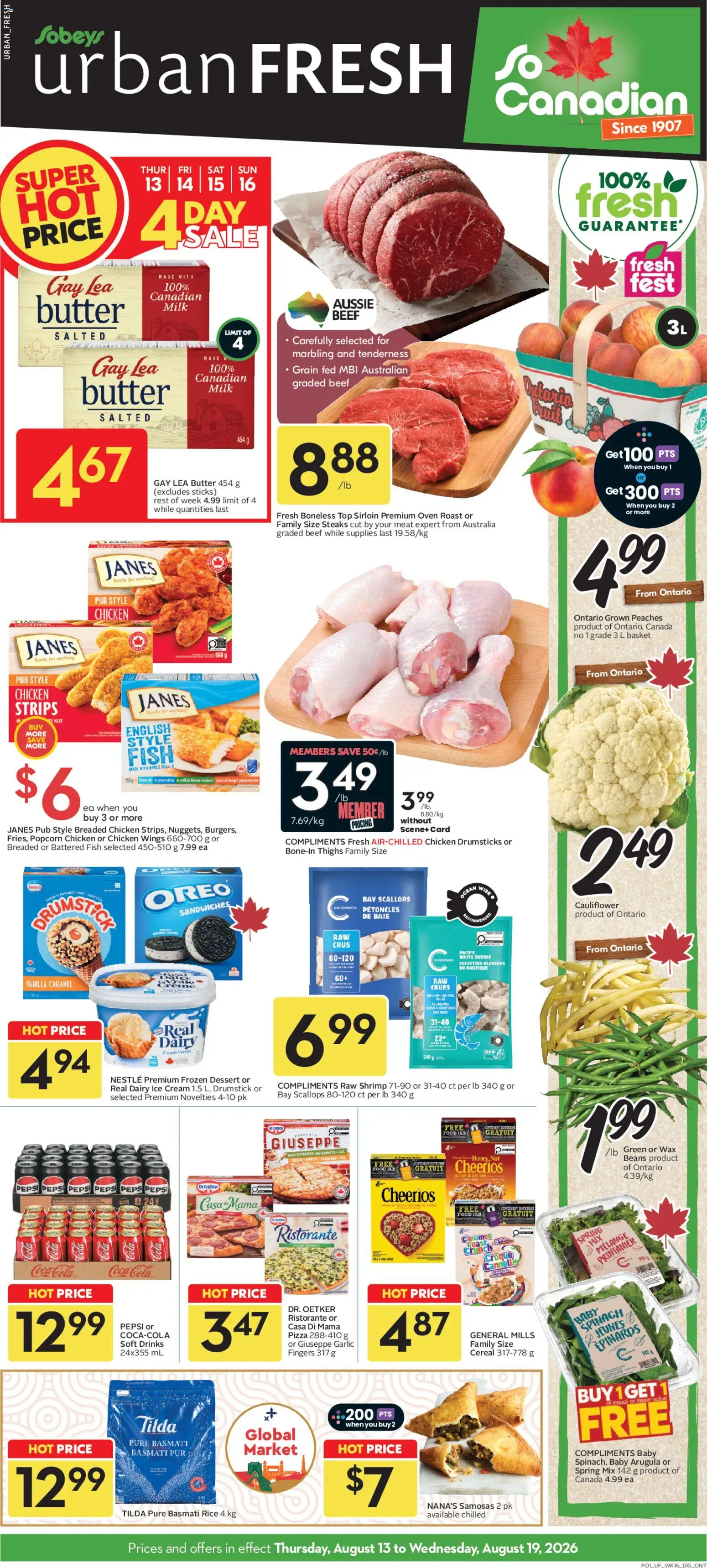 Sobeys flyer valid from Aug 13, 2026 | Page: 1 | Products: Beef, Toast, Chicken strips, Cauliflower