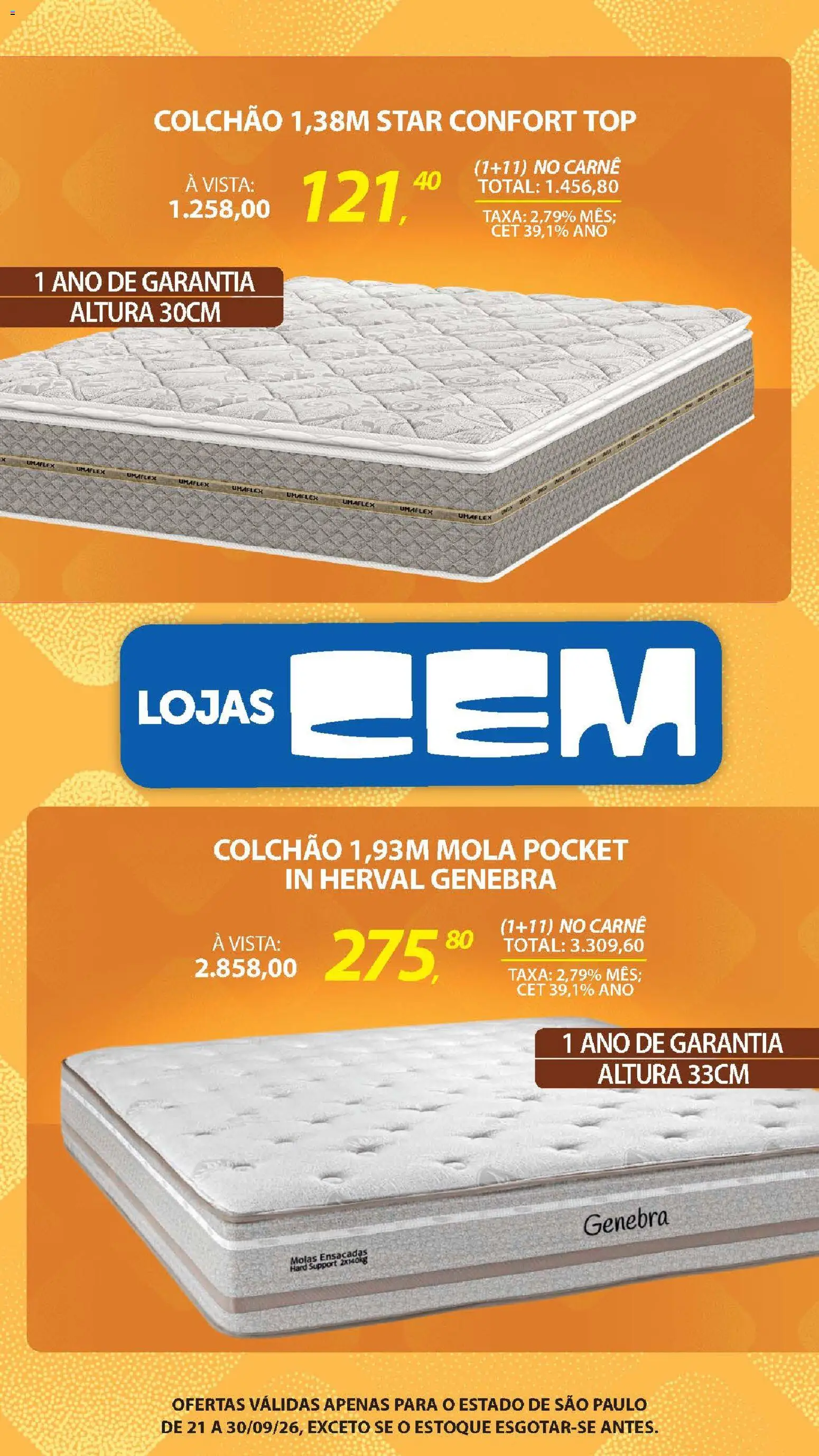 Lojas Cem Folheto - válido de 21/09/2026 | Página: 22 | Produtos: Colchão, Carne