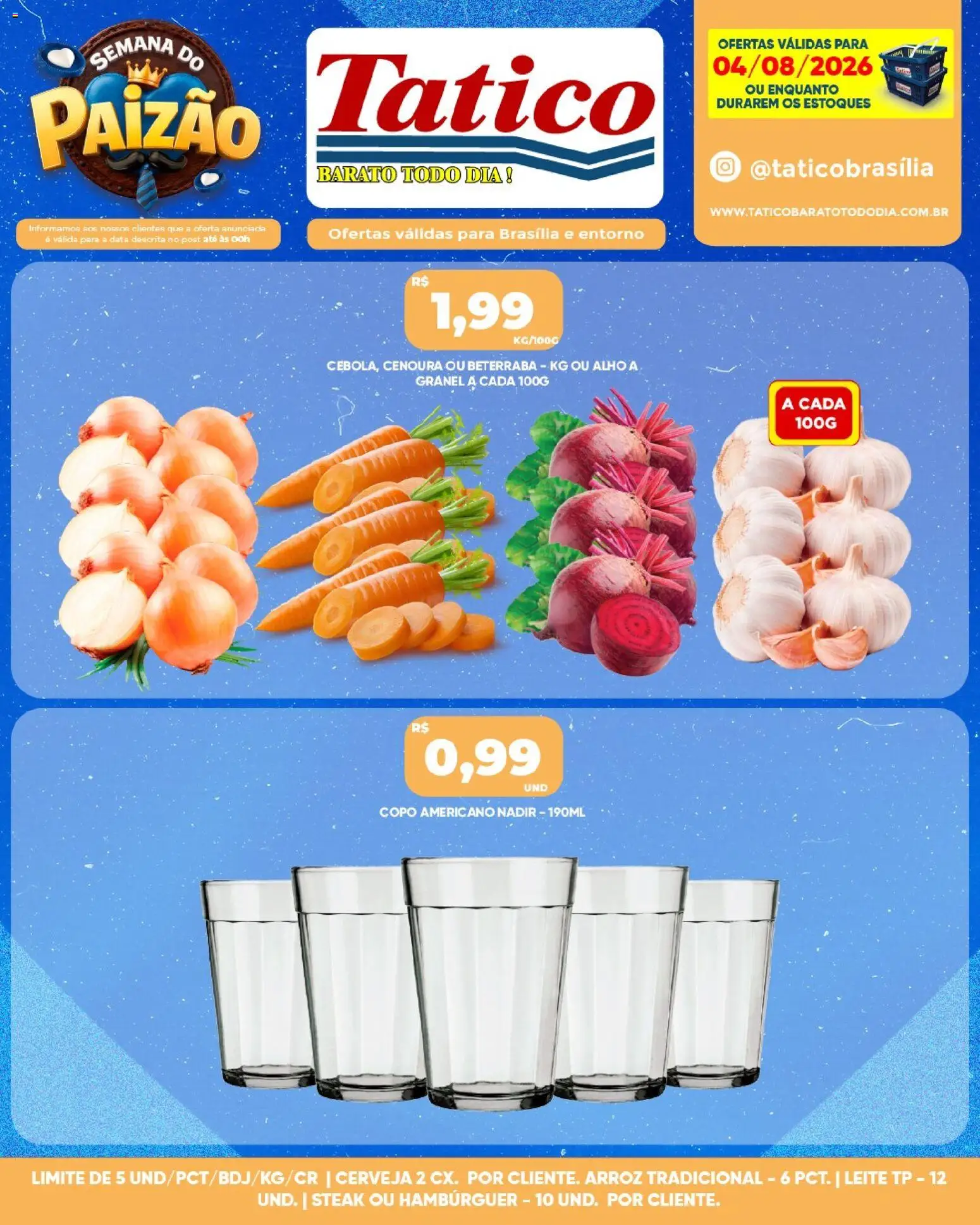 Tatico Folheto - válido de 04/08/2026 | Página: 1 | Produtos: Leite, Cerveja, Cenoura, Hambúrguer