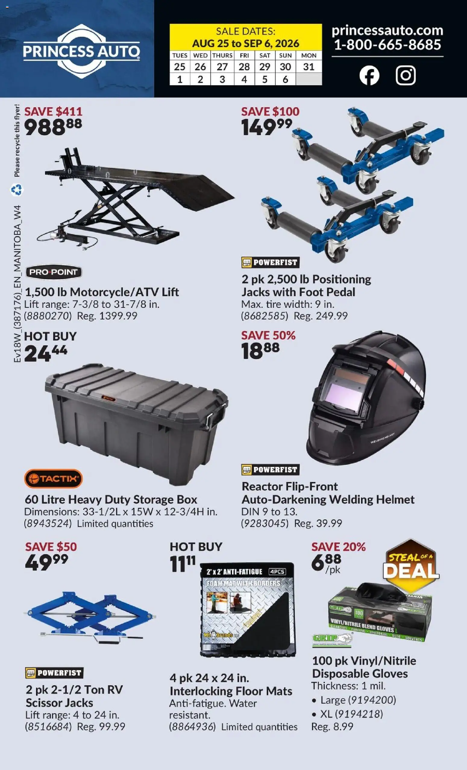 Princess Auto flyer valid from Aug 25, 2026 | Page: 96 | Products: Gloves, Water, Disposable gloves, Storage box