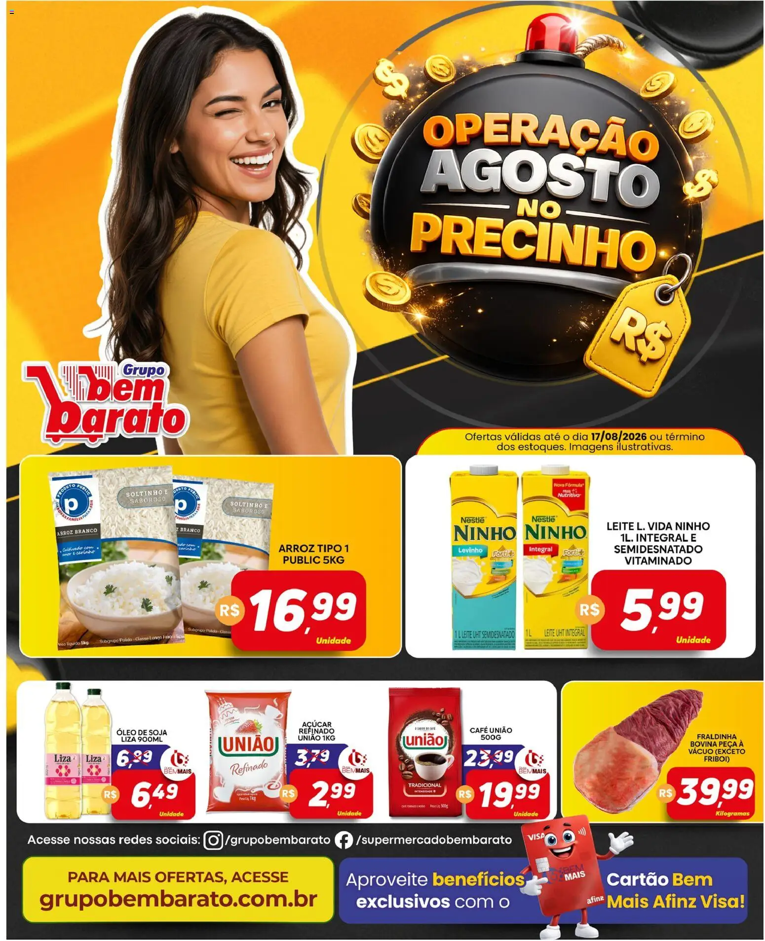 Supermercado Bem Barato Folheto - válido de 11/08/2026 | Página: 1 | Produtos: Fraldinha, Leite, Café, Soja