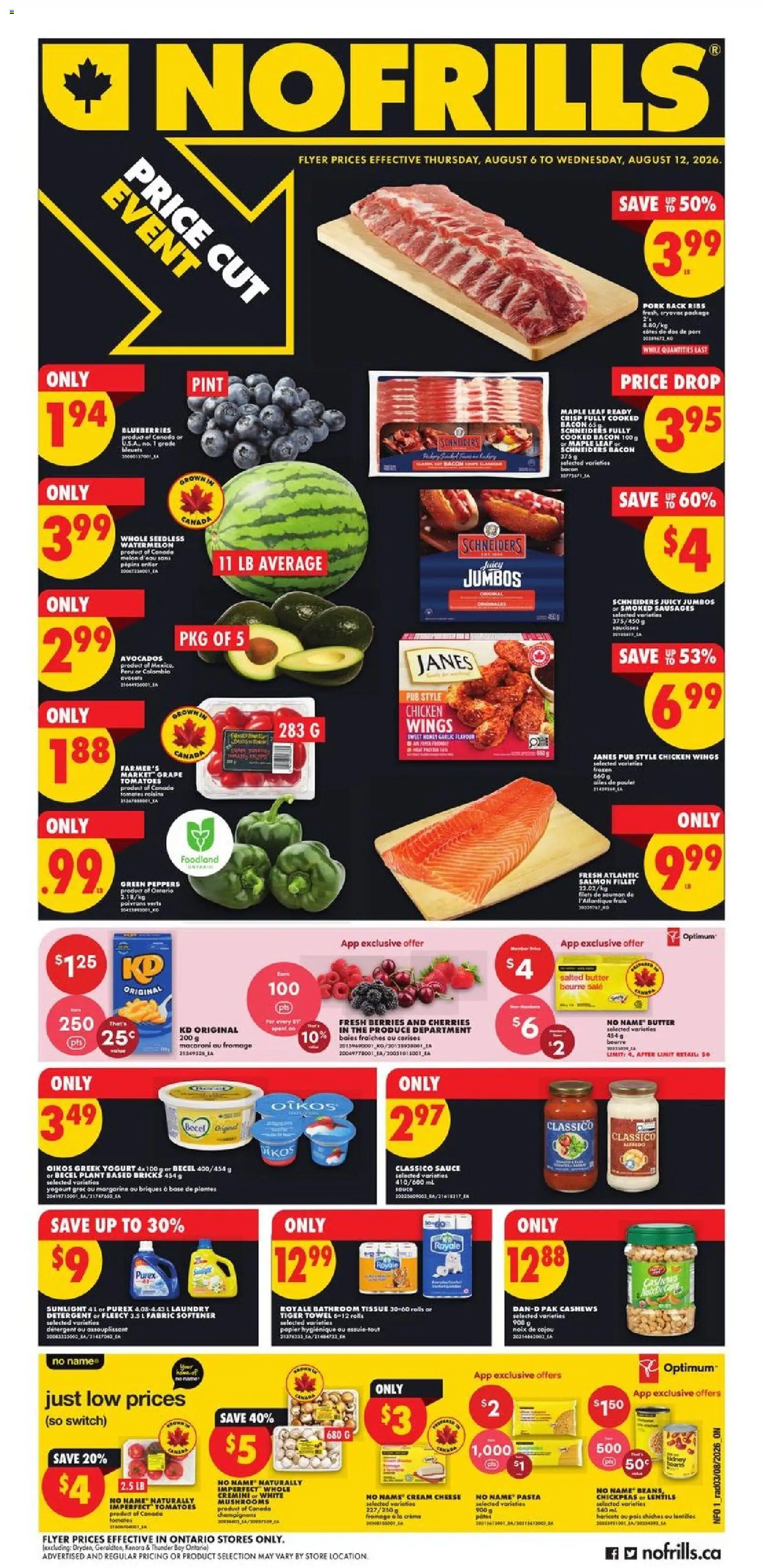 No Frills flyer valid from Aug 6, 2026 | Page: 1 | Products: Lentils, Salmon fillet, Fabric softener, Detergent