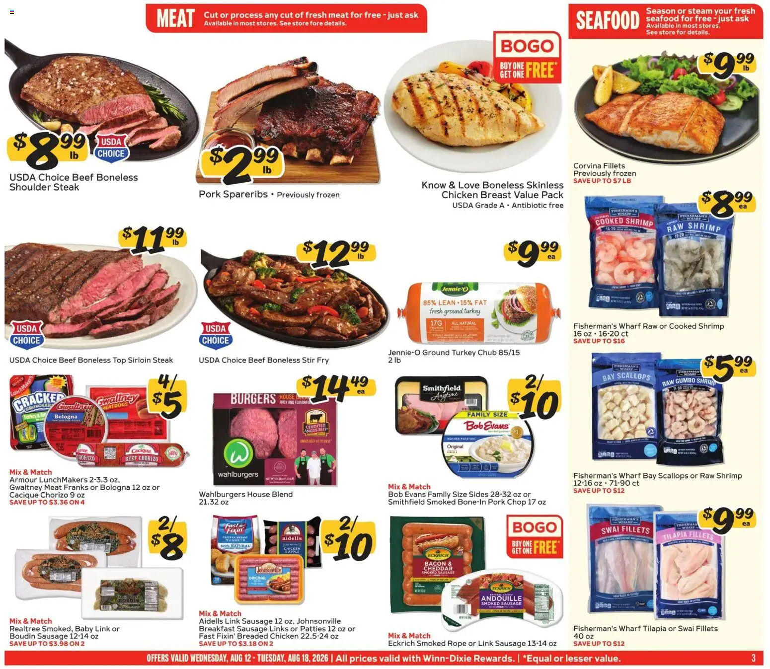 Winn Dixie Weekly Ad - valid from 08/12/2026 | Page: 3 | Products: Shrimp, Ground turkey, Meat, Pork chop