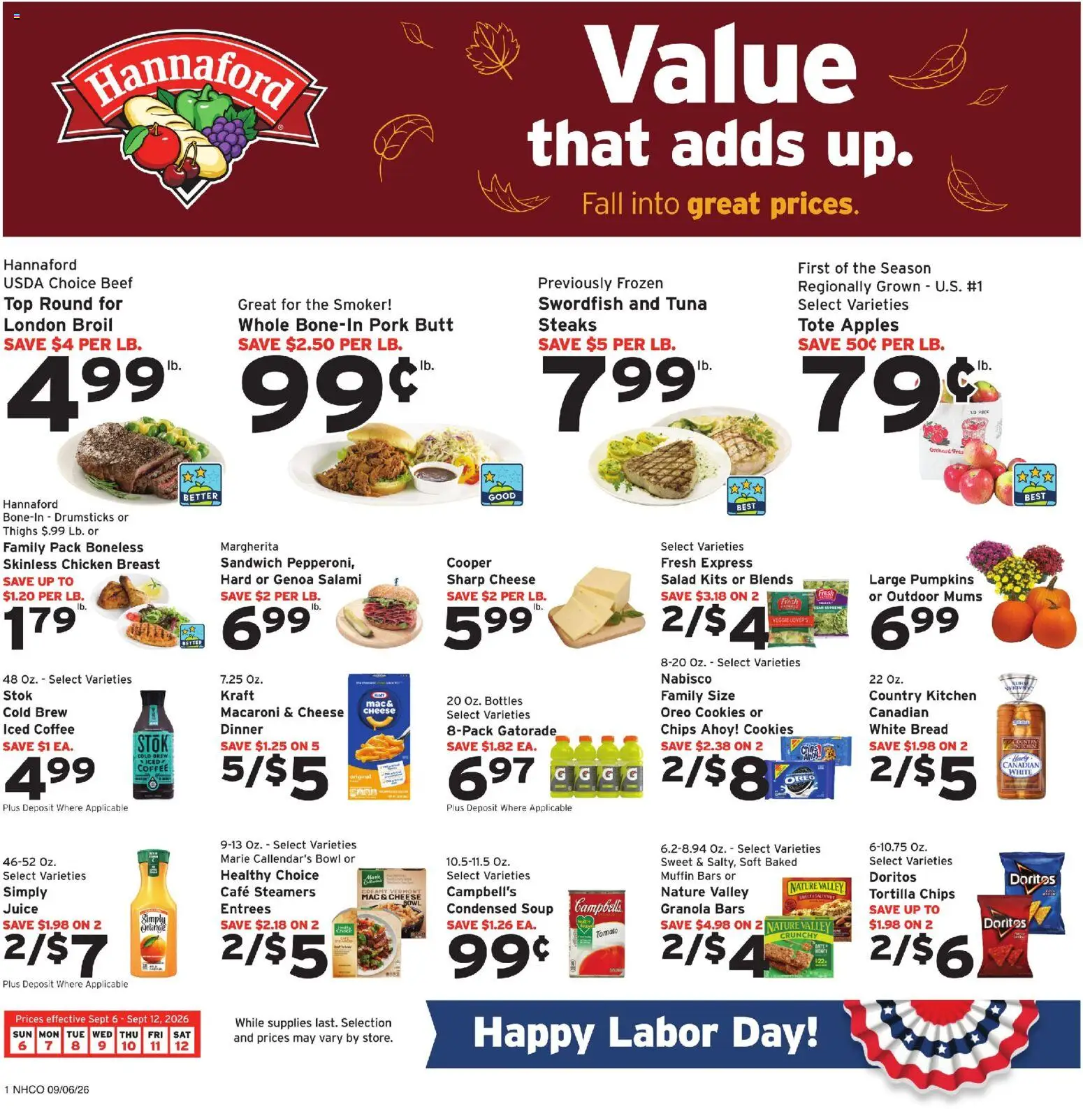 Hannaford Weekly Ad - valid from 09/06/2026 | Page: 1 | Products: Pork butt, Cheese, Salad, Tuna