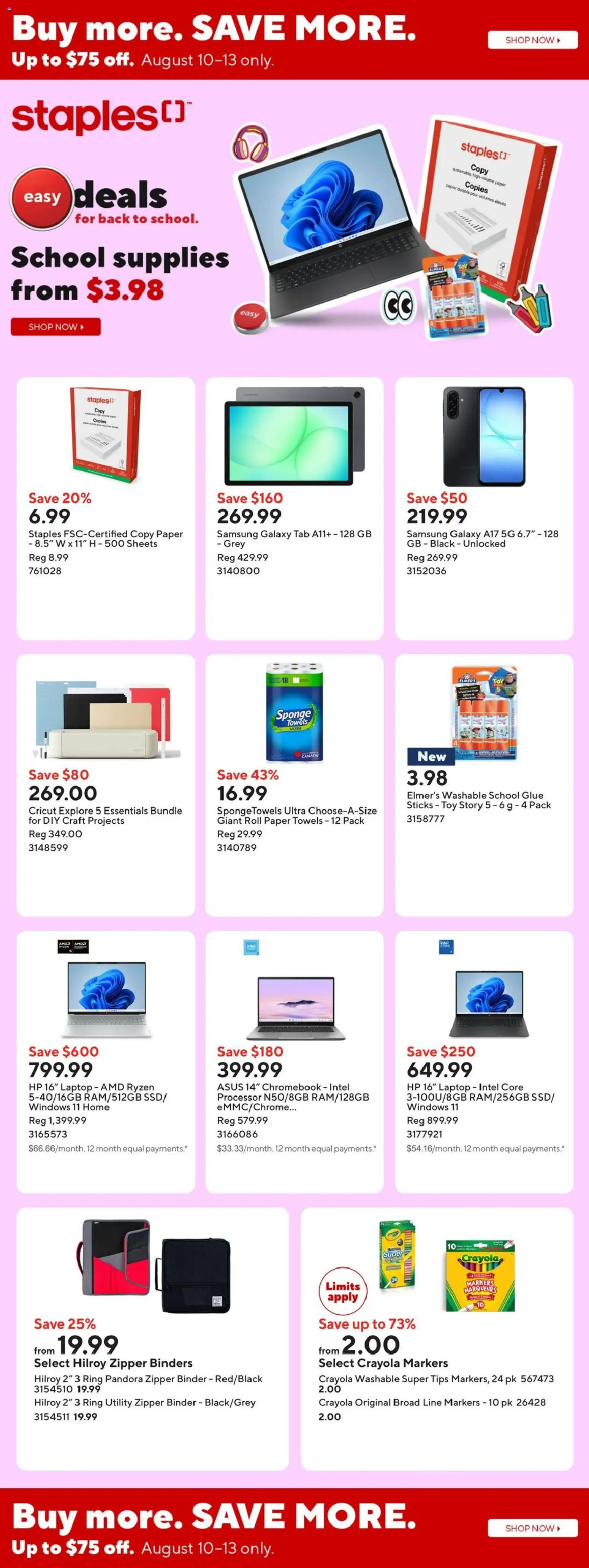 Staples flyer valid from Aug 7, 2026 | Page: 1 | Products: Paper towels, Laptop, Sponge, Towels