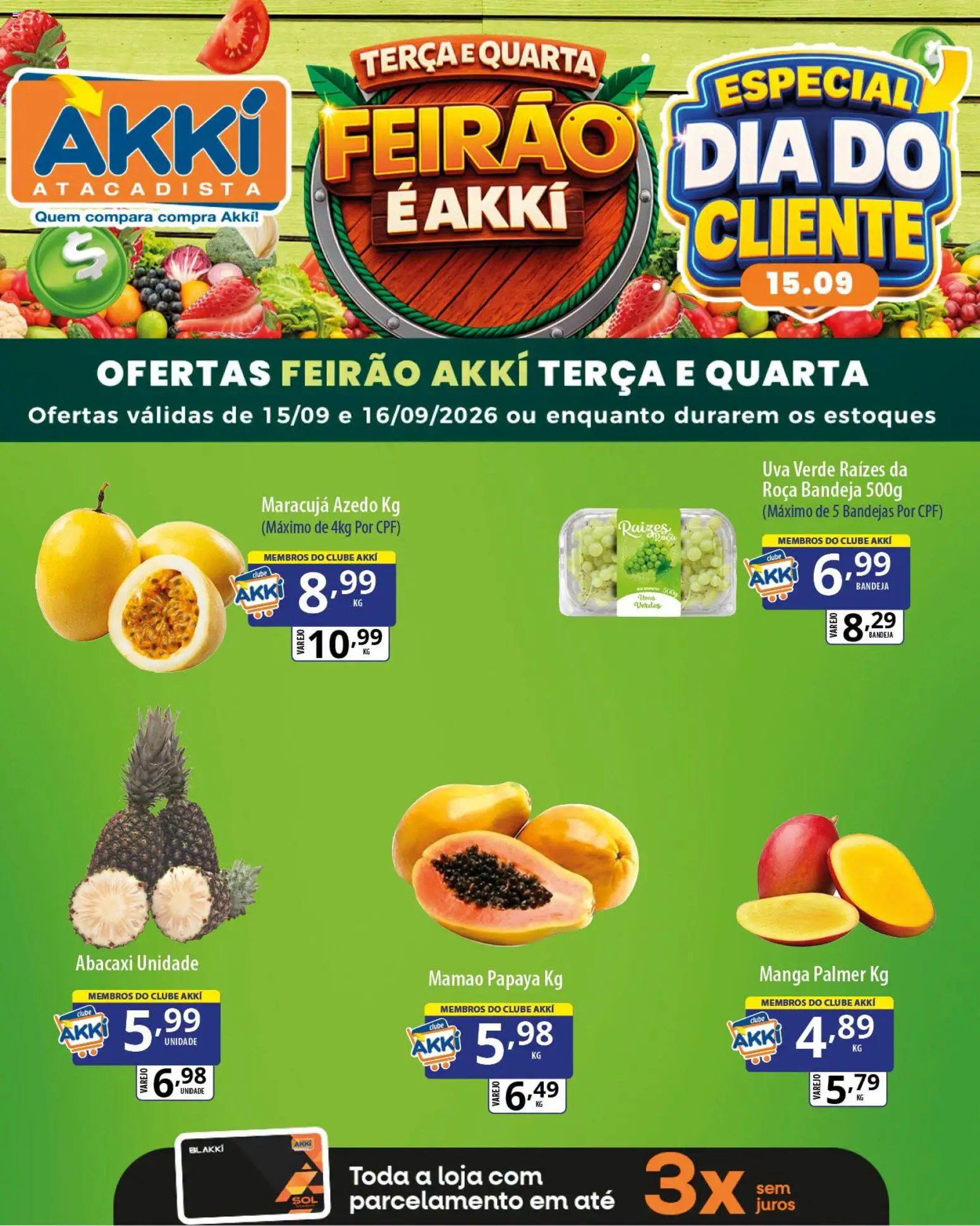 Akki Atacadista Folheto - válido de 15/09/2026 | Página: 3 | Produtos: Uva, Abacaxi, Bandeja, Mamão