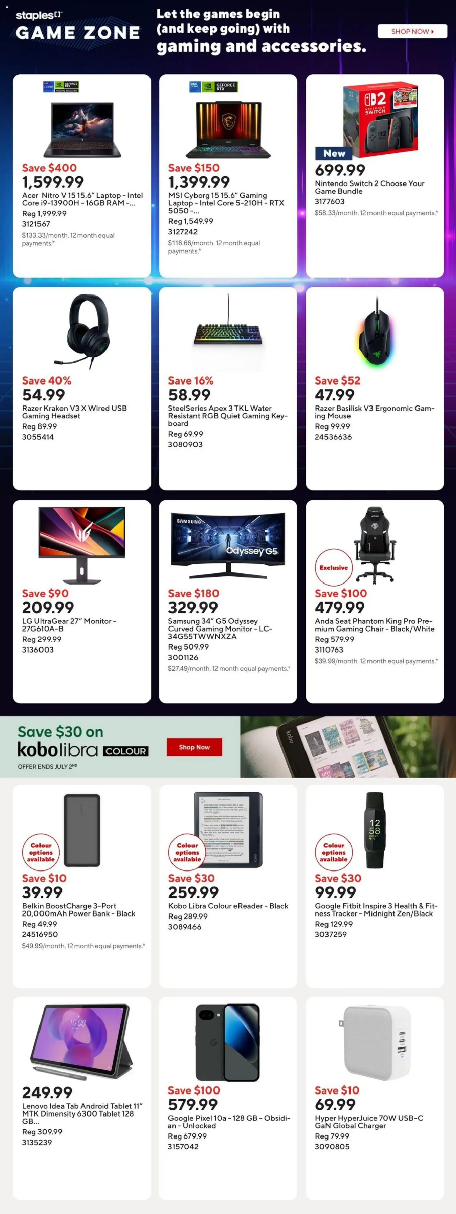 Staples flyer valid from Jun 26, 2026 | Page: 6 | Products: Tablet, Monitor, Mouse, Chair