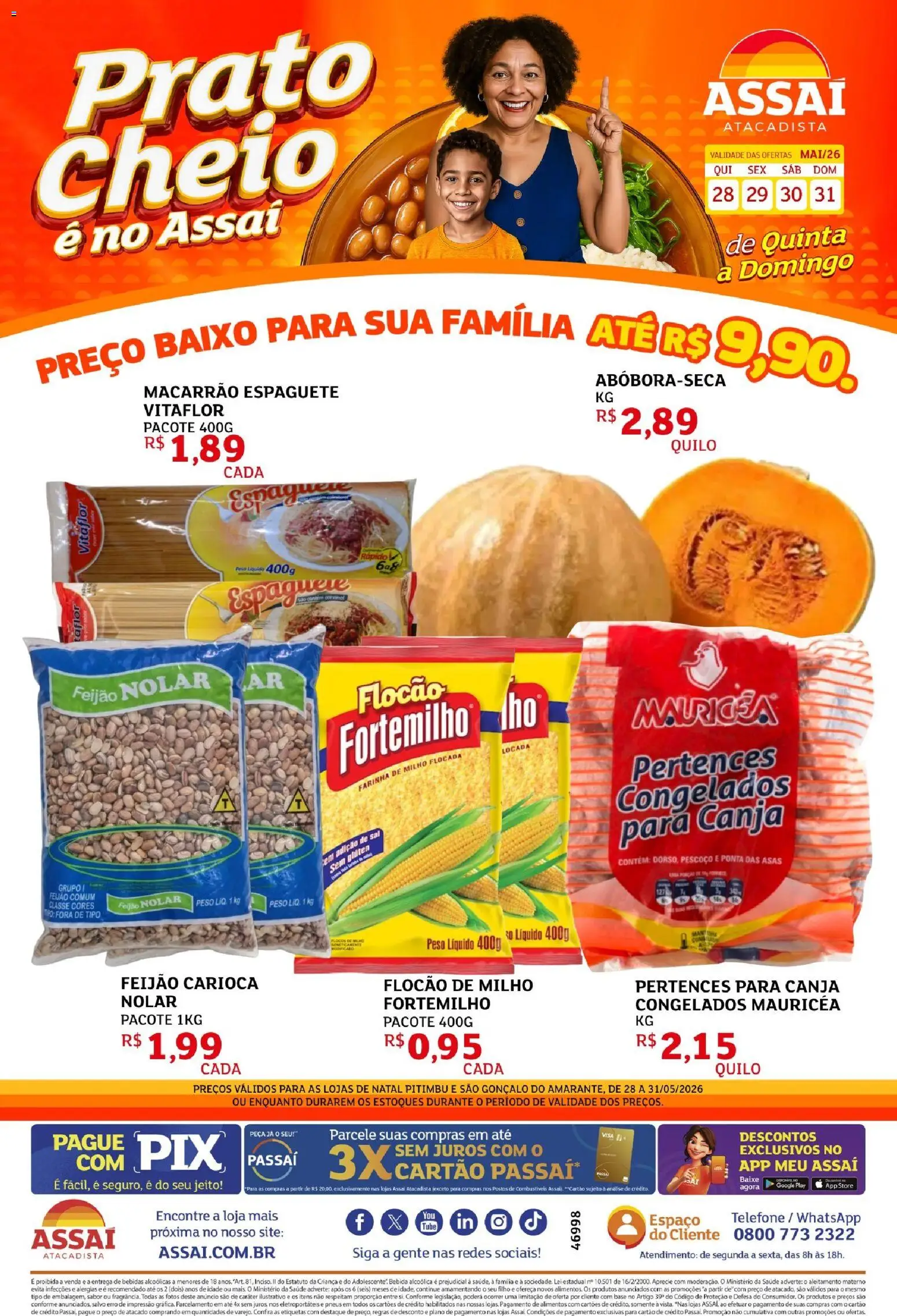 Assaí Atacadista Folheto - válido de 28.05.2026 | Página: 1 | Produtos: Feijão, Base, Macarrão, Telefone