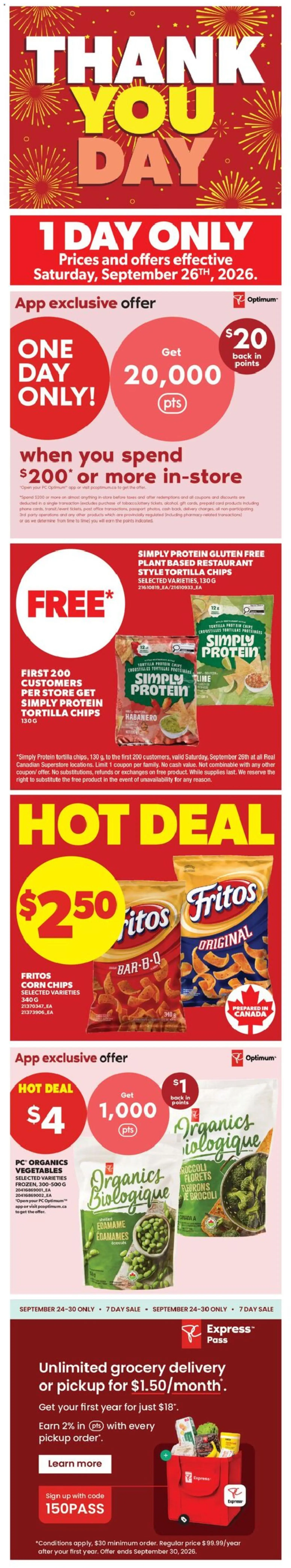 Real Canadian Superstore flyer valid from Sep 24, 2026 | Page: 1 | Products: Vegetables, Tortilla chips, Corn, Protein