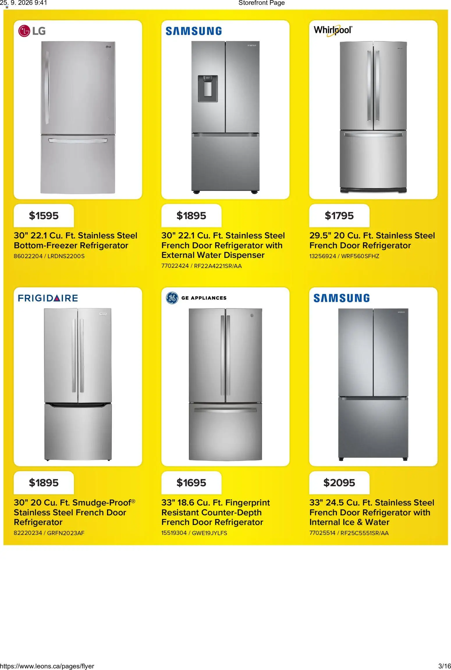 Leon's flyer valid from Sep 24, 2026 | Page: 3 | Products: Water, Refrigerator, Door, Ice
