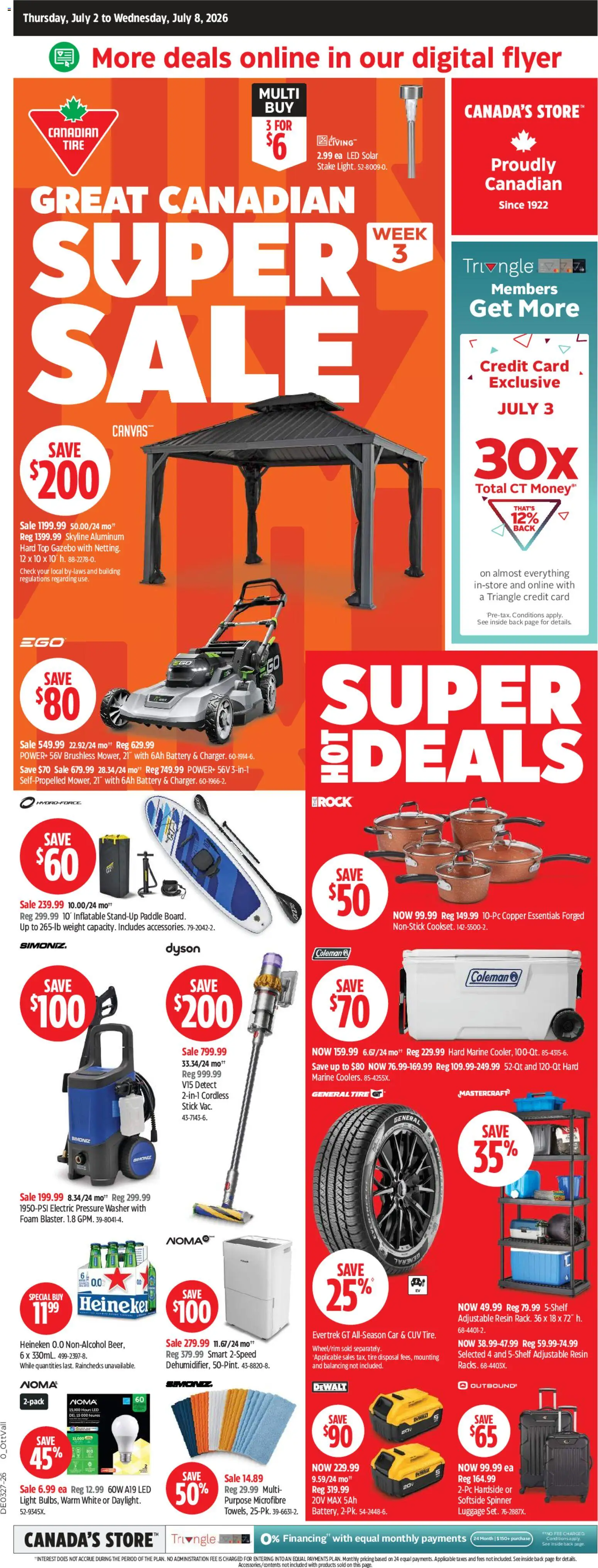 Canadian Tire flyer valid from Jul 2, 2026 | Page: 1 | Products: Luggage, Battery