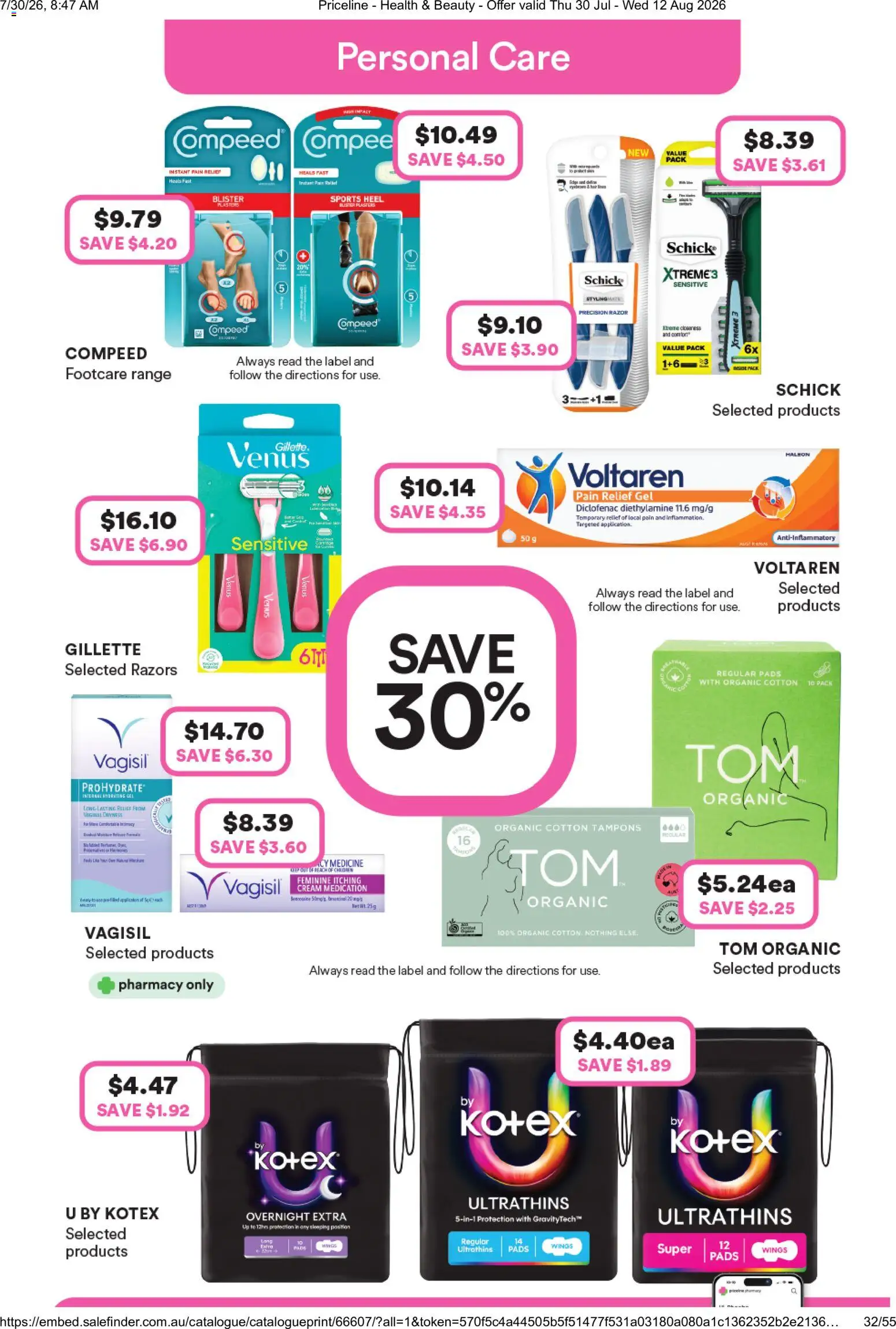 Priceline Pharmacy catalogue - valid from 30/07/2026 | Page: 16 | Products: Cream, Razor, Razors, Tampons