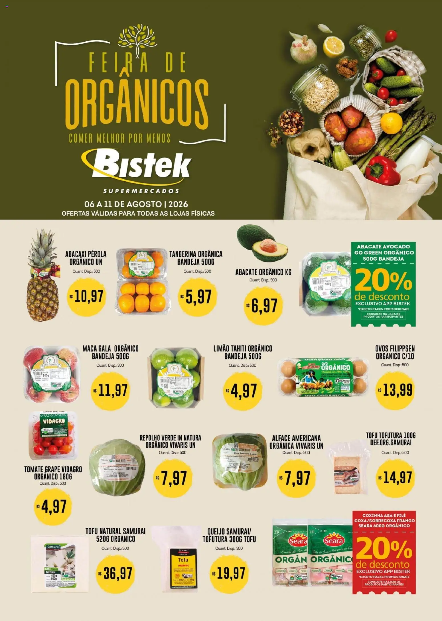 Bistek Supermercados Folheto - válido de 06/08/2026 | Página: 1 | Produtos: Tomate, Ovos, Abacaxi, Frango