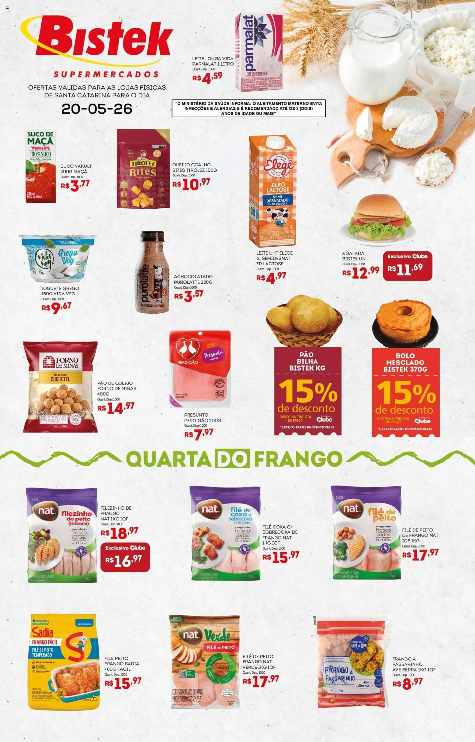 Bistek Supermercados Folheto - válido de 20.05.2026 | Página: 1 | Produtos: Filé de frango, Leite, Suco, Bolo