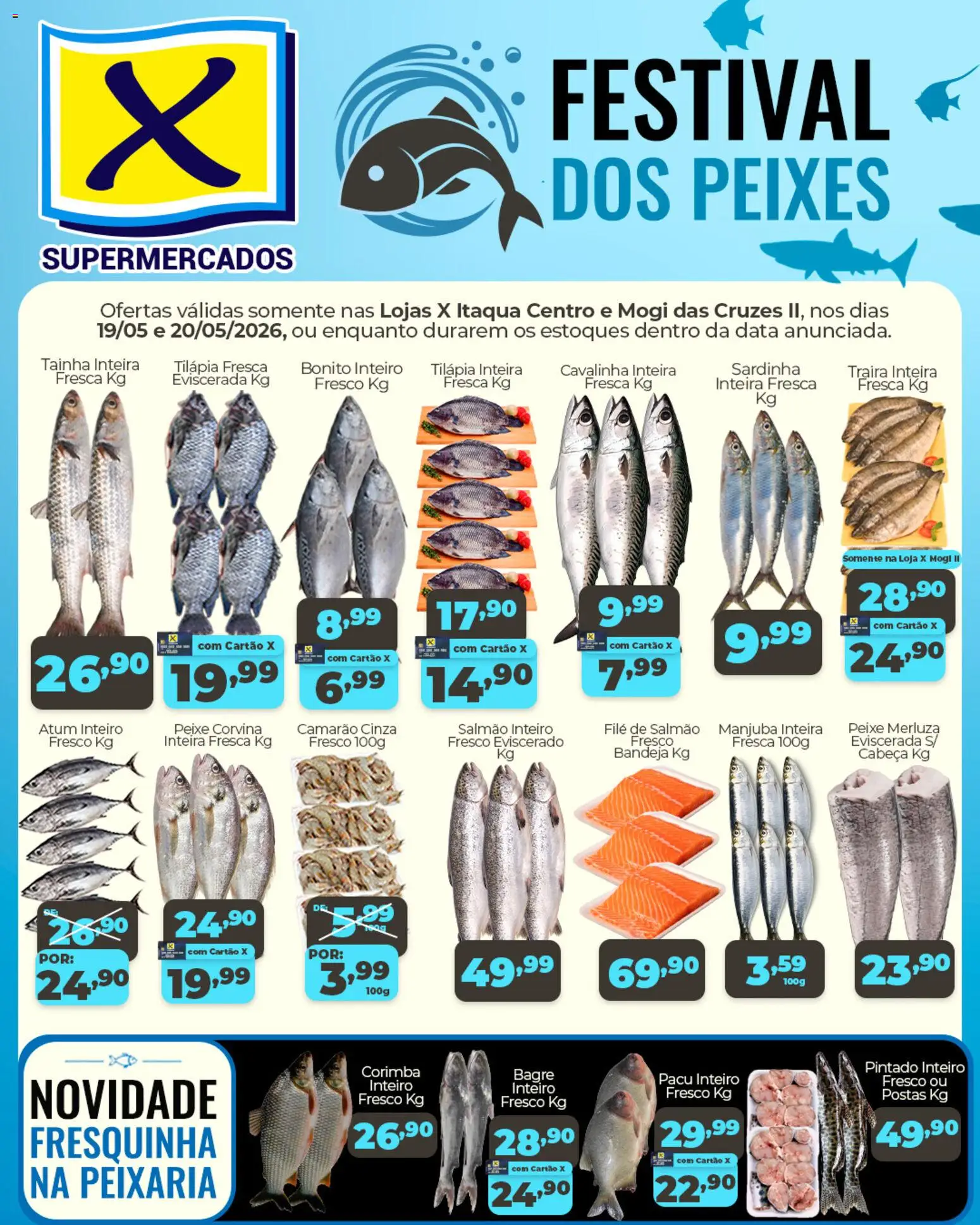 X Supermercados Folheto - válido de 19.05.2026 | Página: 1 | Produtos: Salmão, Camarão, Tilápia, Sardinha