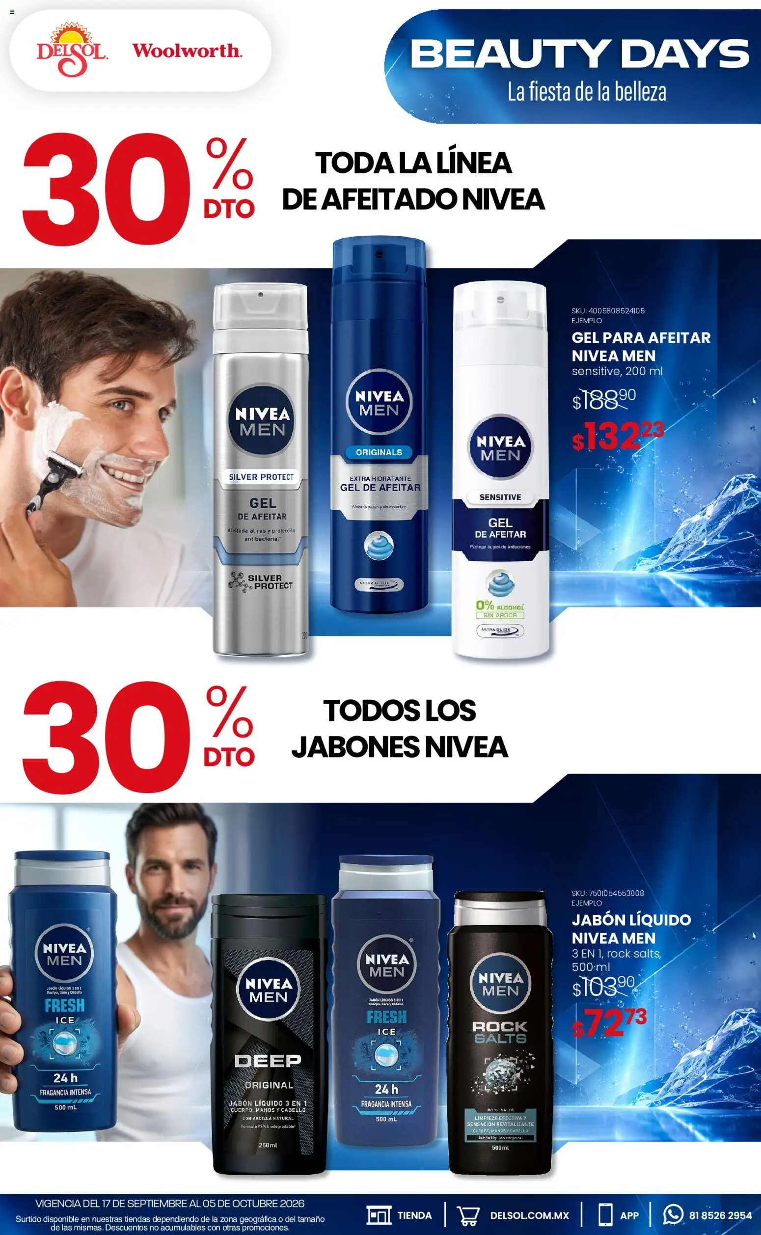 Nuevas ofertas de Del Sol y Woolworth válidas en toda la República Mexicana desde el 17/09/2026. ¡Encuentra las mejores ofertas en Del Sol y Woolworth catálogo La Fiesta de la Belleza! | Página: 5 | Productos: Jabón líquido, Alcohol, Fragancia, Jabón