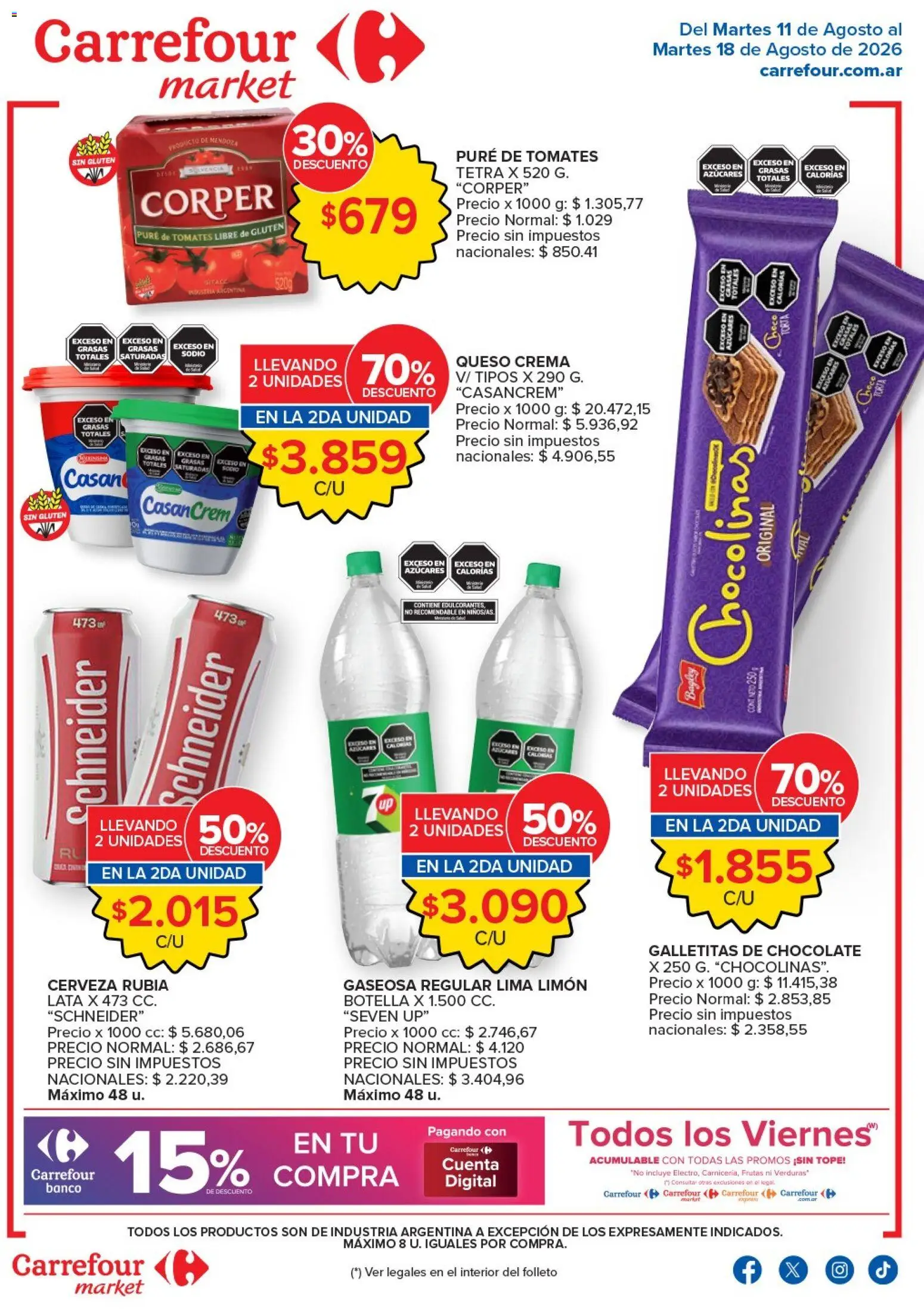 Carrefour Market Corrientes │ válido desde el 11/08/2026 | Página: 1 | Productos: Gaseosa, Queso crema, Verduras, Tomates