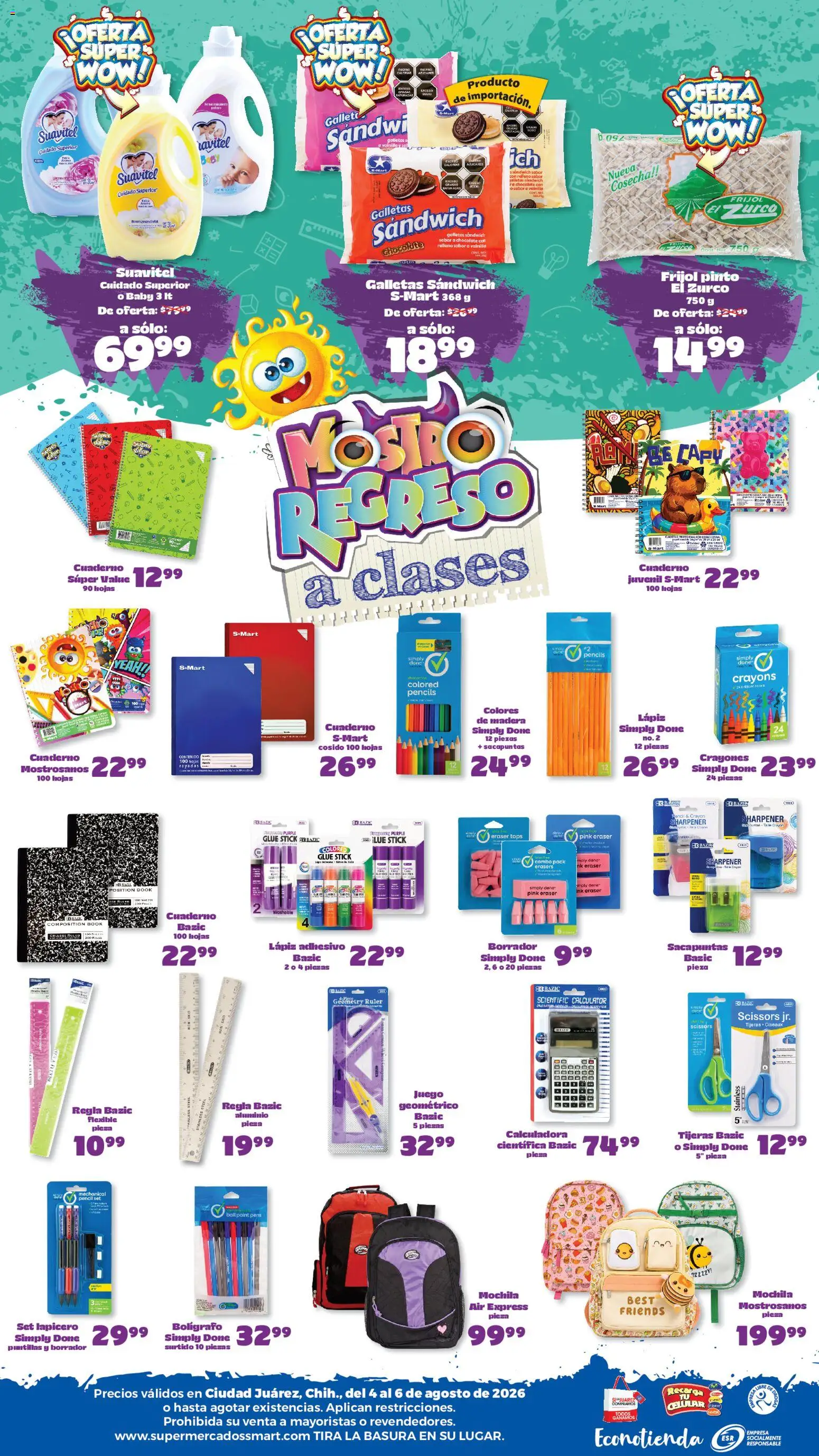Nuevas ofertas de S-Mart válidas en toda la República Mexicana desde el 04/08/2026. ¡Encuentra las mejores ofertas en S-Mart folleto Ofertas de feria Juárez! | Página: 2 | Productos: Cuaderno, Galletas, Calculadora, Flexible