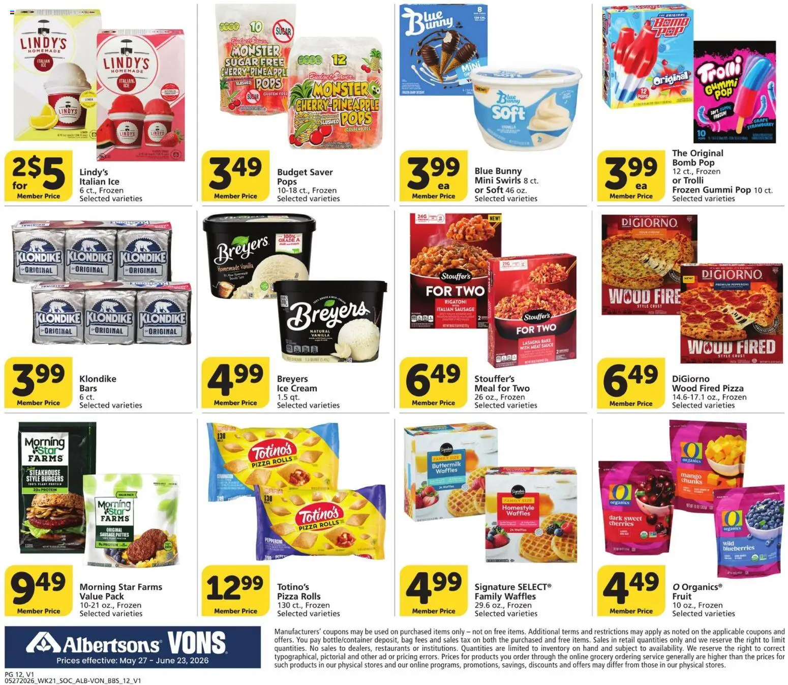 Vons Big Book of Savings - valid from 27.05.2026 | Page: 12 | Products: Pizza, Ice cream, Sugar, Sausage