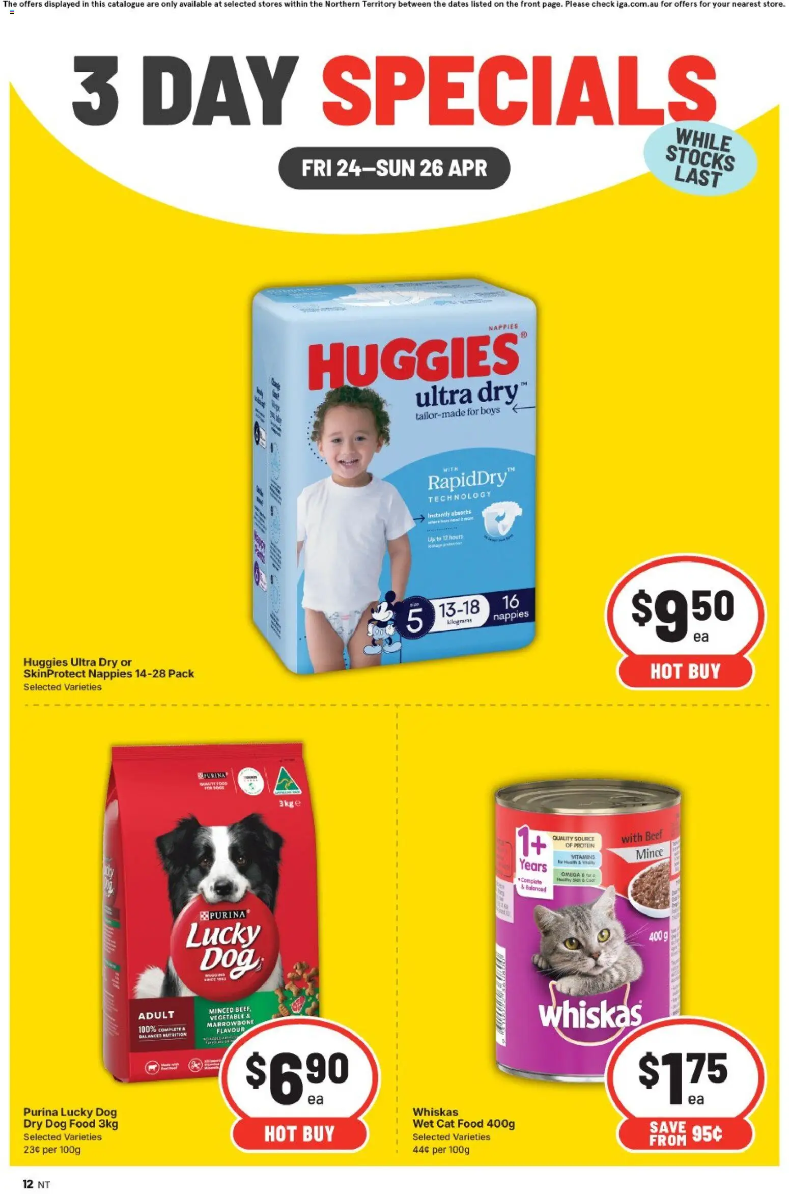 IGA catalogue - valid from 24.04.2026 | Page: 4 | Products: Beef, Nappies, Dog food, Vegetables