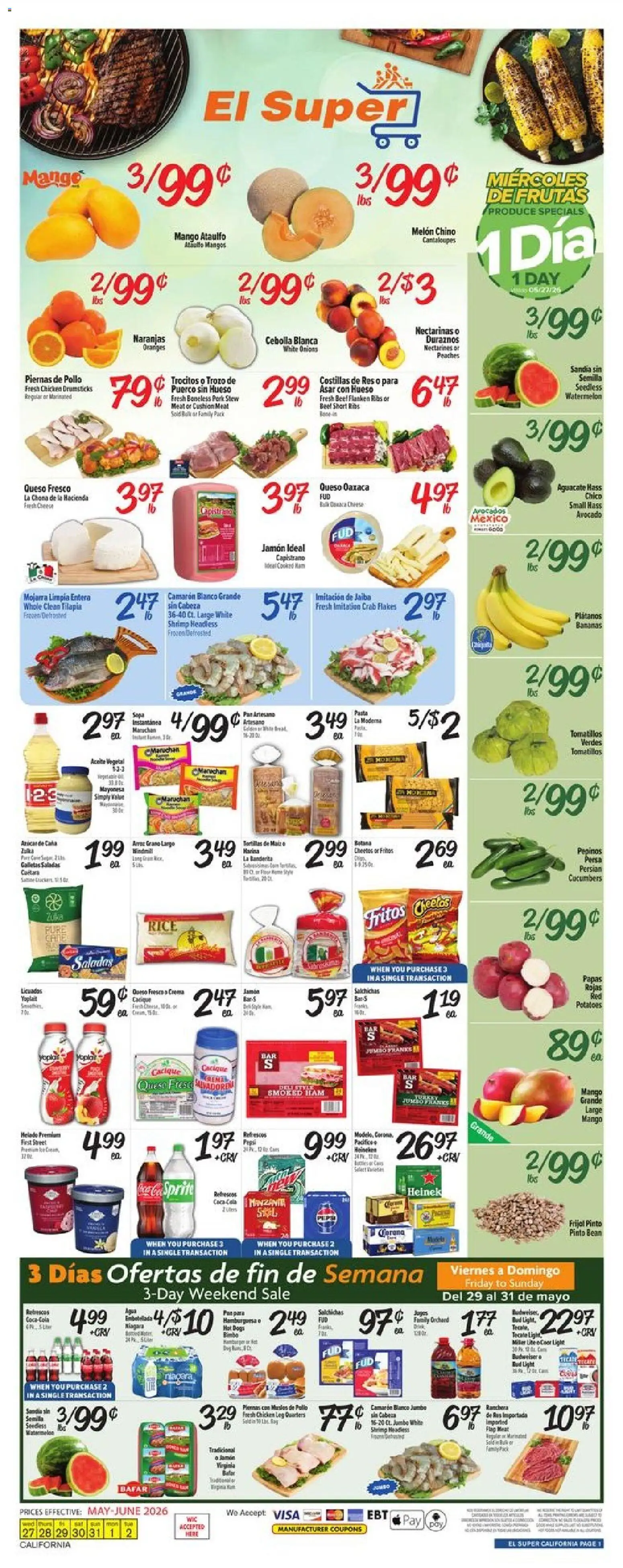 El Super Weekly Ad - CA - valid from 27.05.2026 | Page: 1 | Products: Ham, Cucumbers, Potatoes, Hot Dogs