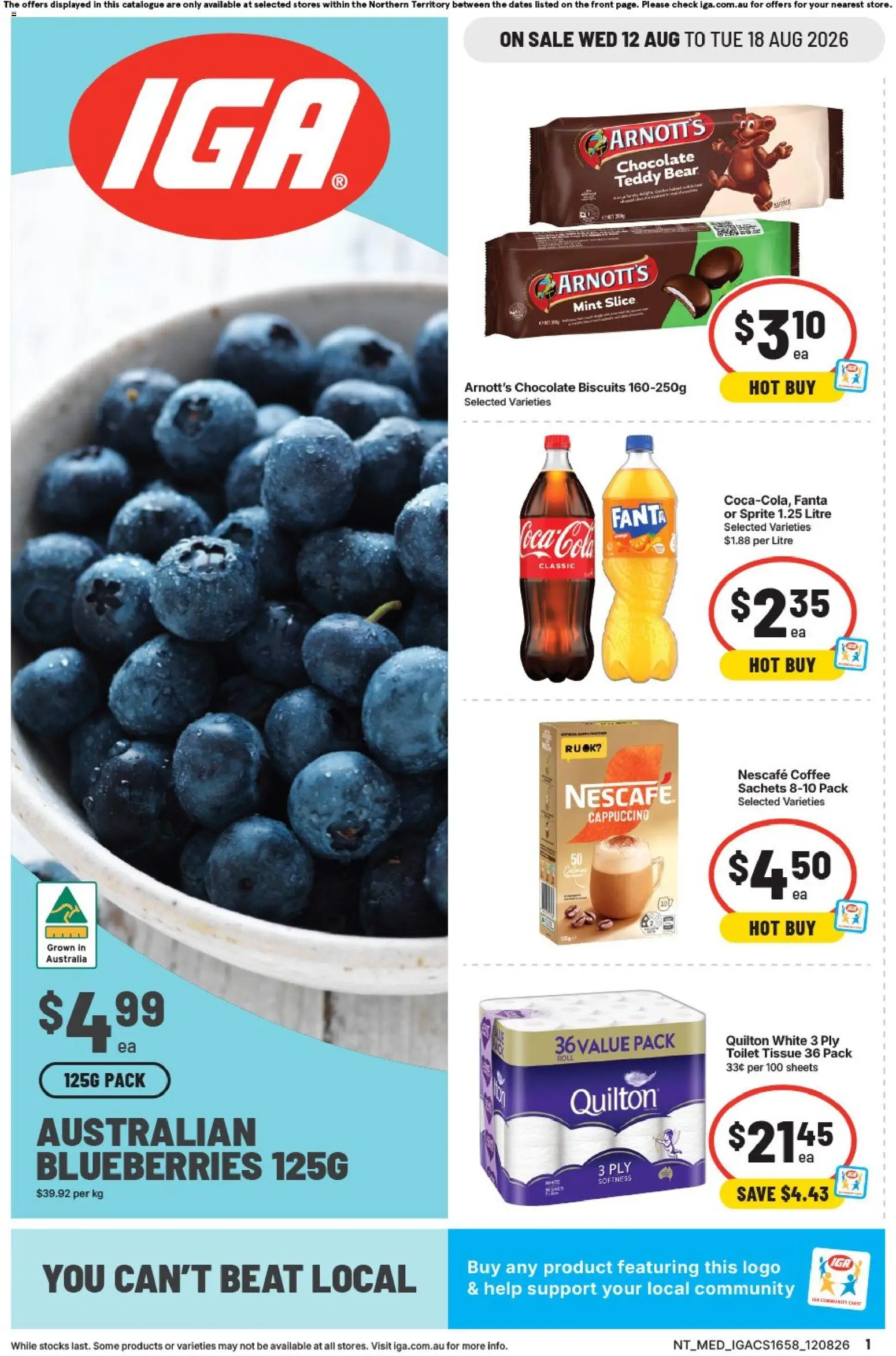 IGA catalogue - valid from 12/08/2026 | Page: 1 | Products: Toilet, Coca Cola, Blueberries, Sprite