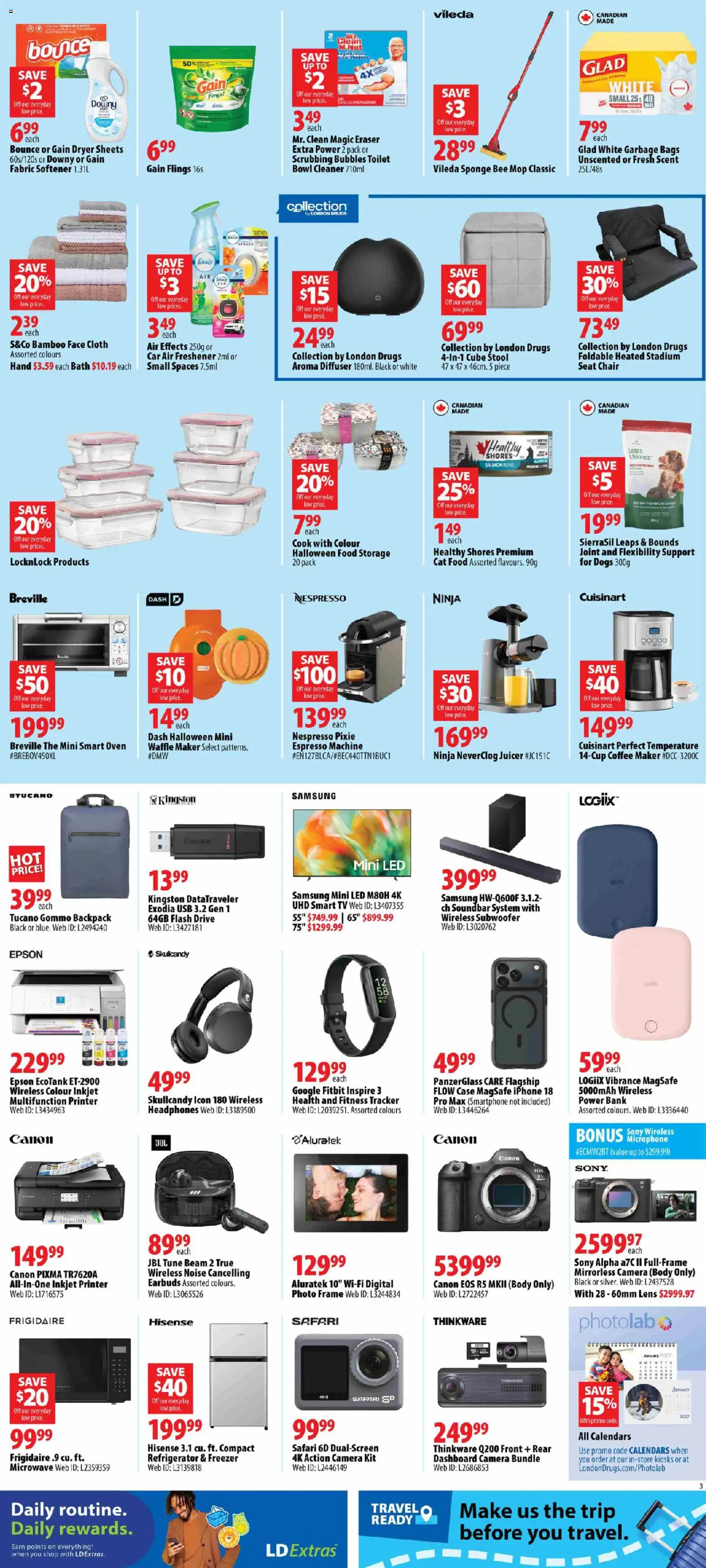 London Drugs flyer valid from Oct 2, 2026 | Page: 4 | Products: Coffee maker, Food, Chair, Air freshener