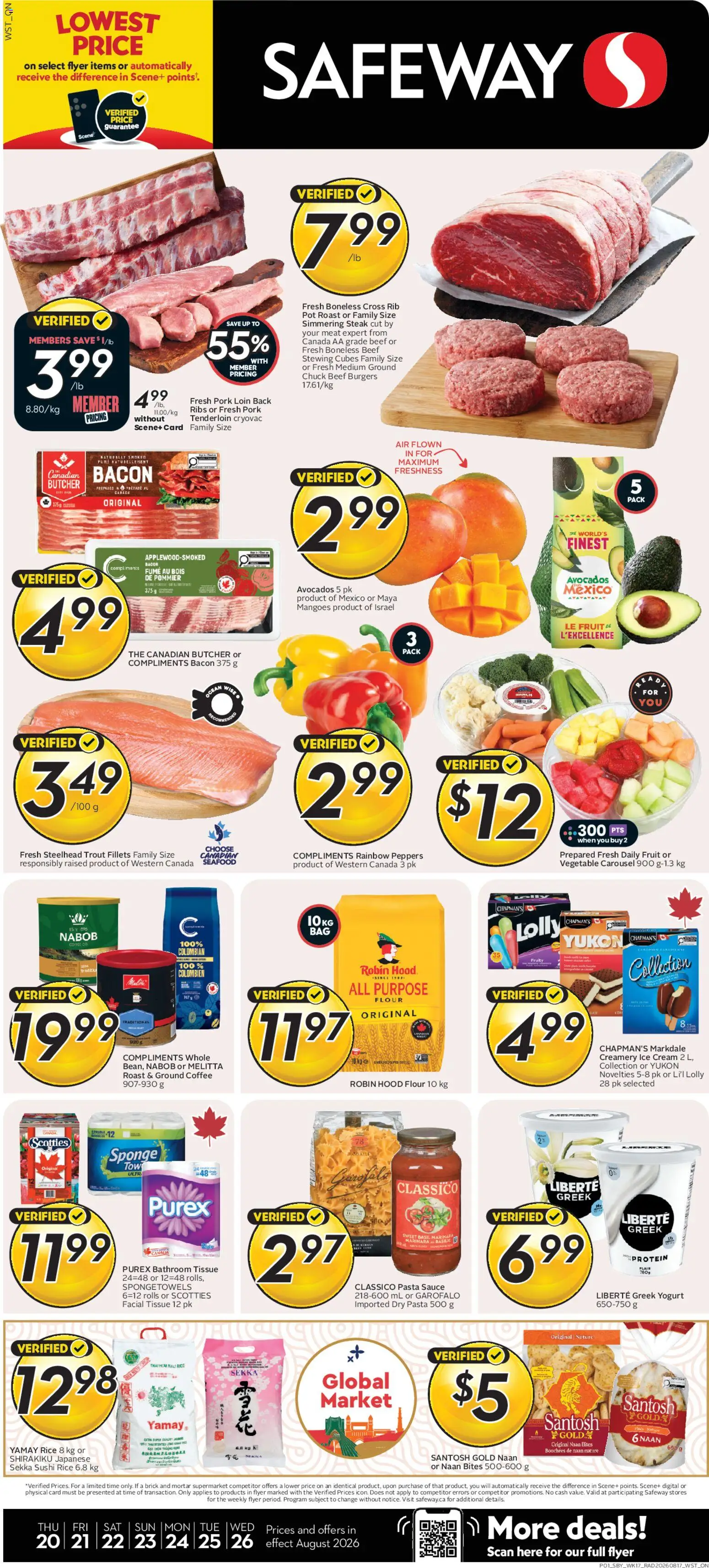 Safeway flyer valid from Aug 20, 2026 | Page: 1 | Products: Burgers, Roast, Sponge, Pork loin