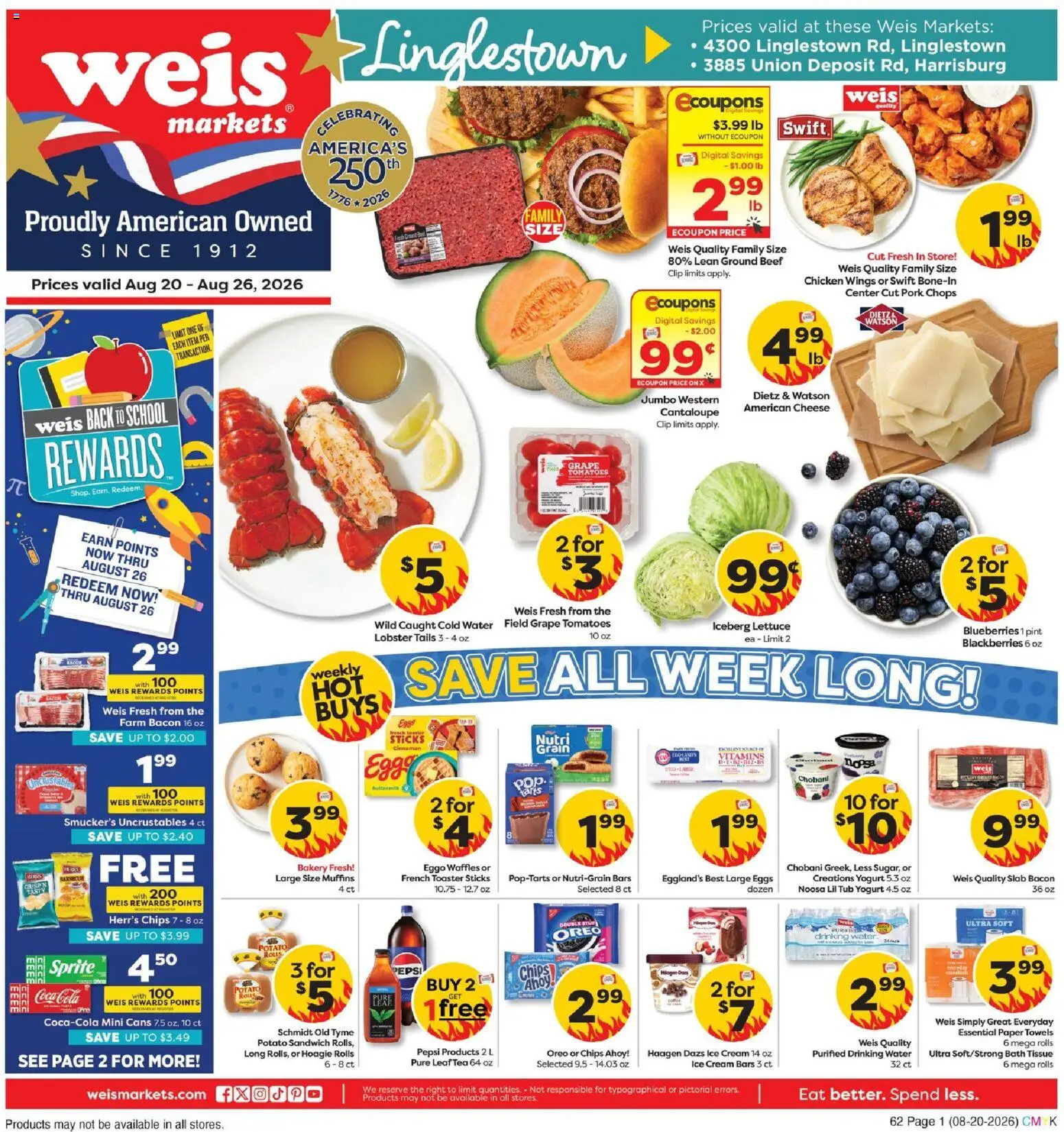 Weis Weekly Circular - PA - valid from 08/20/2026 | Page: 1 | Products: Toaster, Eggs, Chips, Ice cream