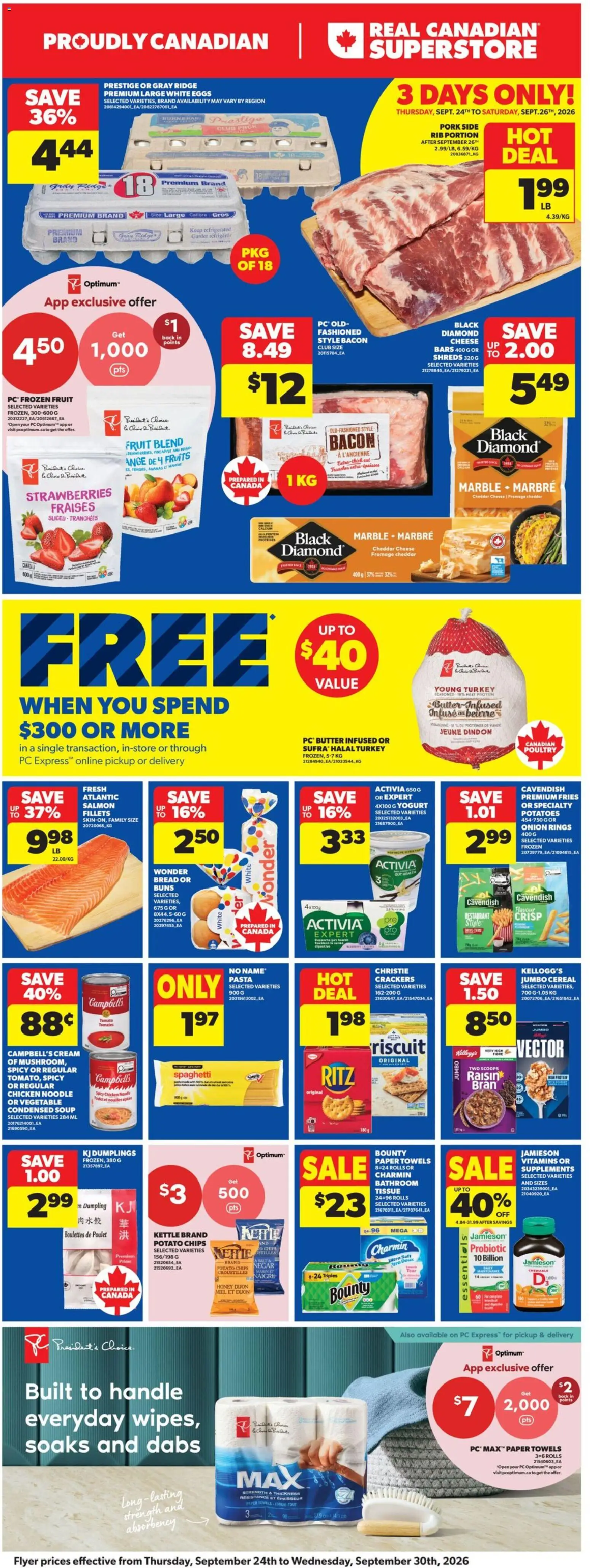 Real Canadian Superstore flyer valid from Sep 24, 2026 | Page: 3 | Products: Spaghetti, Cheese, Bread, Dumpling