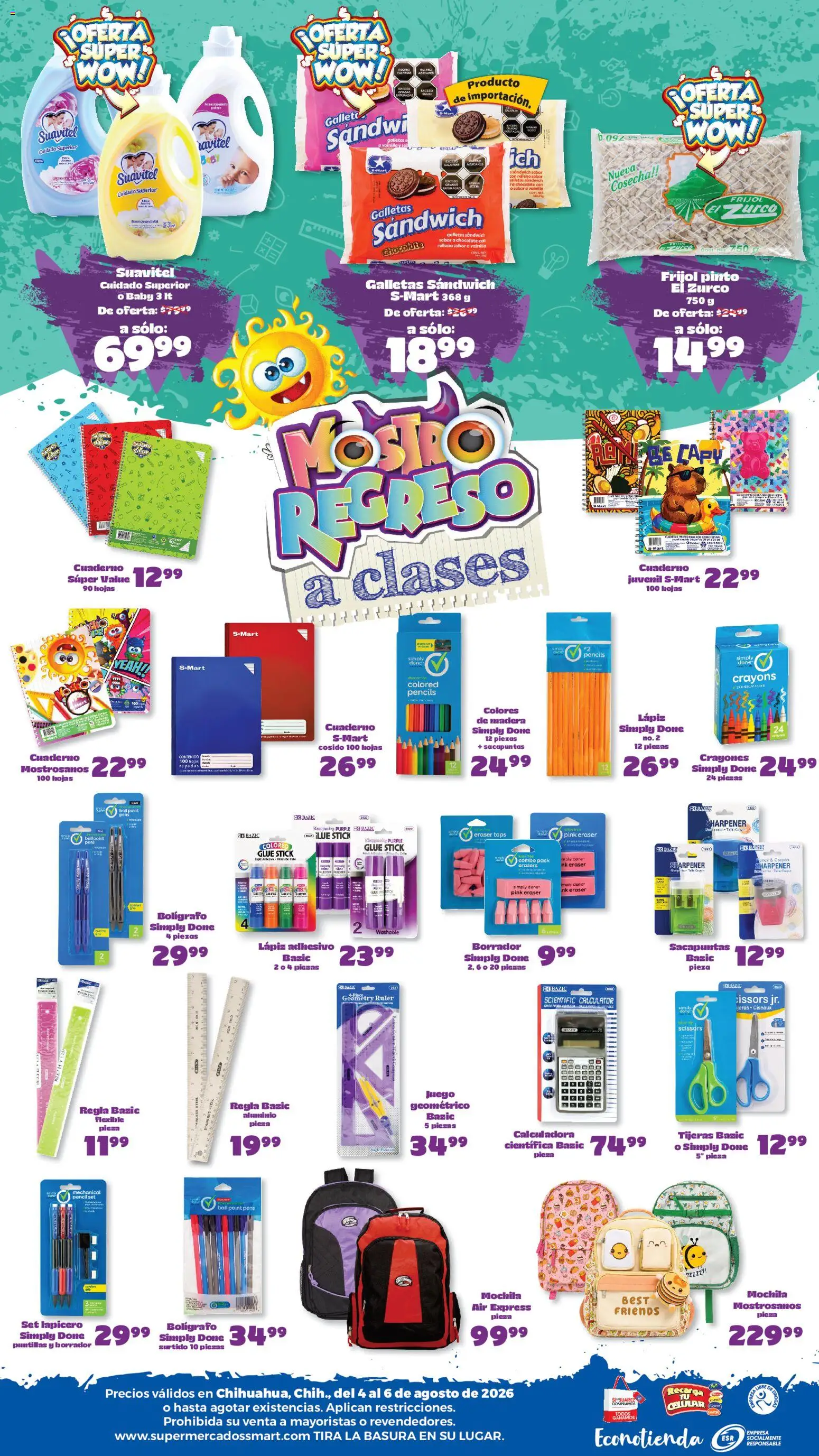 Nuevas ofertas de S-Mart válidas en toda la República Mexicana desde el 04/08/2026. ¡Encuentra las mejores ofertas en S-Mart folleto Ofertas de feria Chihuahua! | Página: 2 | Productos: Sacapuntas, Cuaderno, Galletas, Flexible