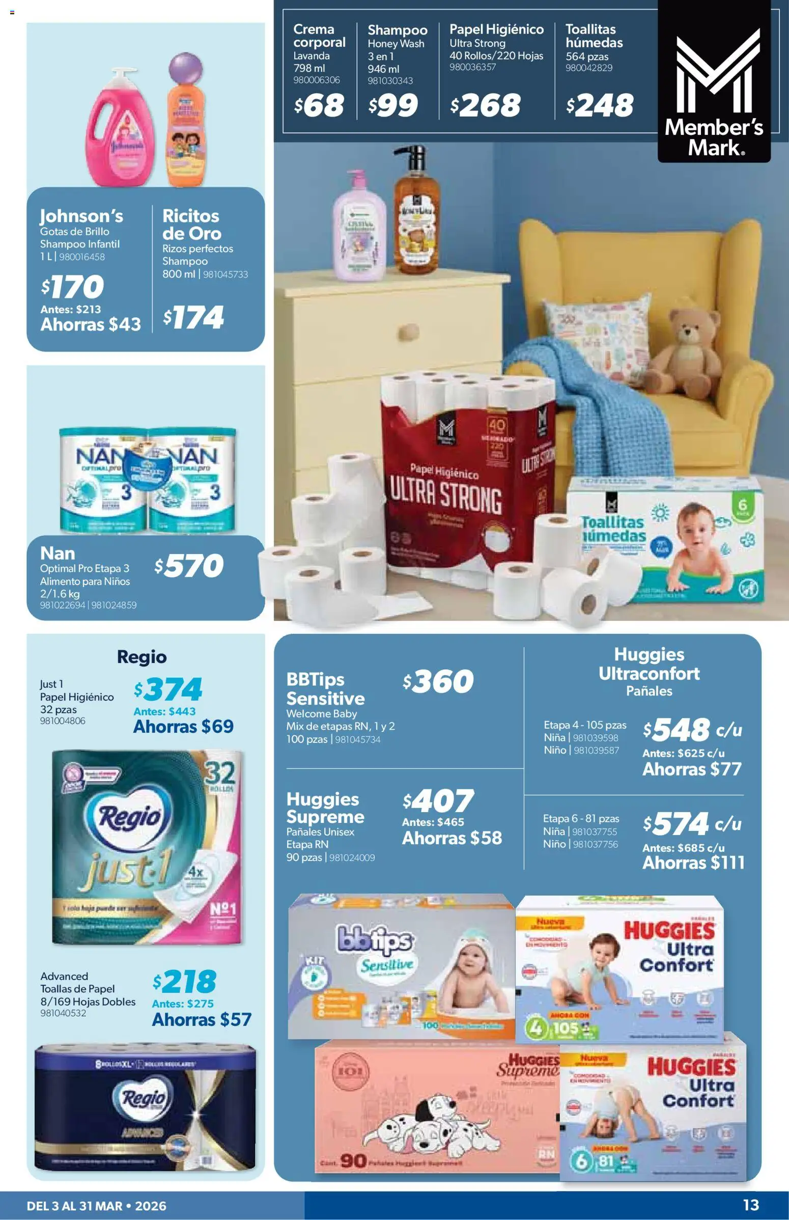 Nuevas ofertas de Sam's Club válidas en toda la República Mexicana desde el 03/03/2026. ¡Encuentra las mejores ofertas en Sam's Club catálogo! | Página: 13 | Productos: Toallas de papel, Shampoo, Pañales, Papel higiénico