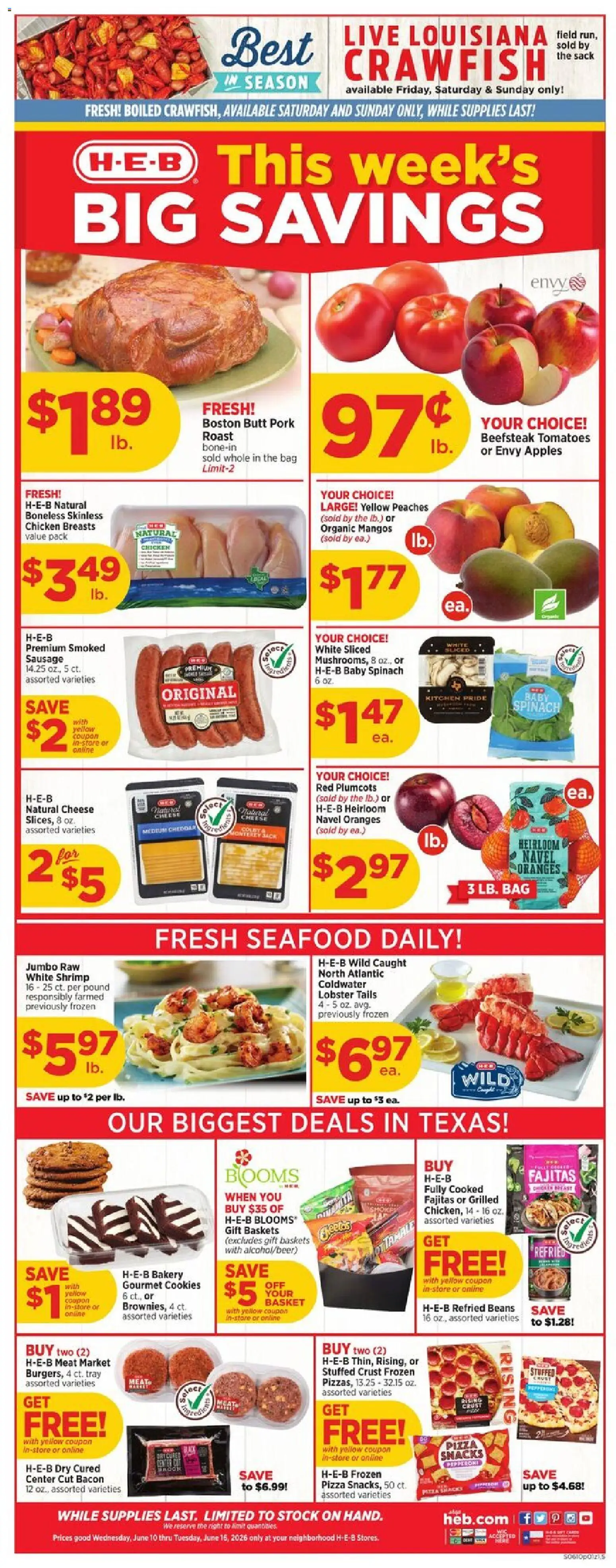 H-E-B Weekly Ad - valid from 10.06.2026 | Page: 1 | Products: Basket, Cheese, Pork, Bag