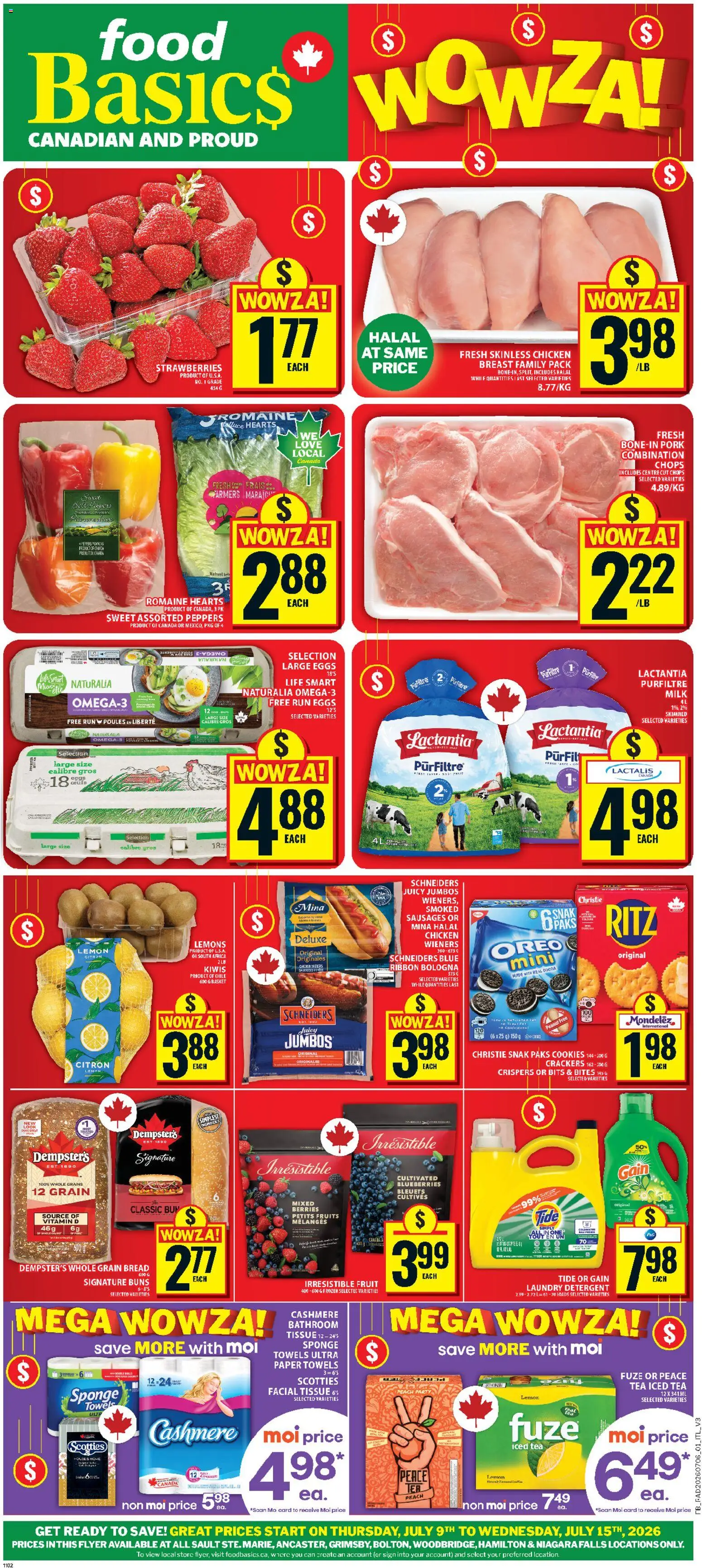 Food Basics flyer valid from Jul 9, 2026 | Page: 1 | Products: Tea, Detergent, Basket, Pork