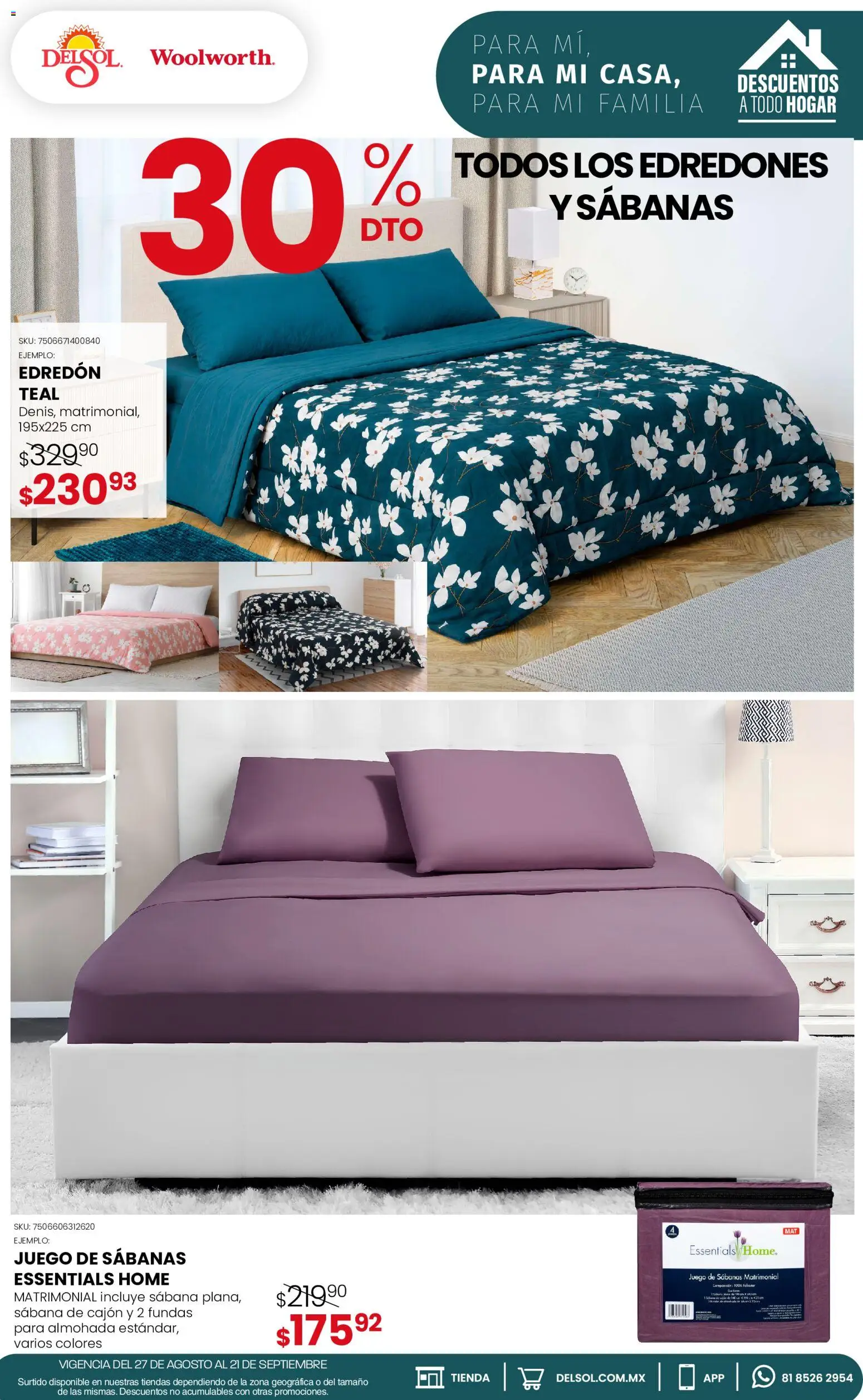 Nuevas ofertas de Del Sol y Woolworth válidas en toda la República Mexicana desde el 27/08/2026. ¡Encuentra las mejores ofertas en Del Sol y Woolworth catálogo! | Página: 19 | Productos: Juego, Almohada, Sabanas