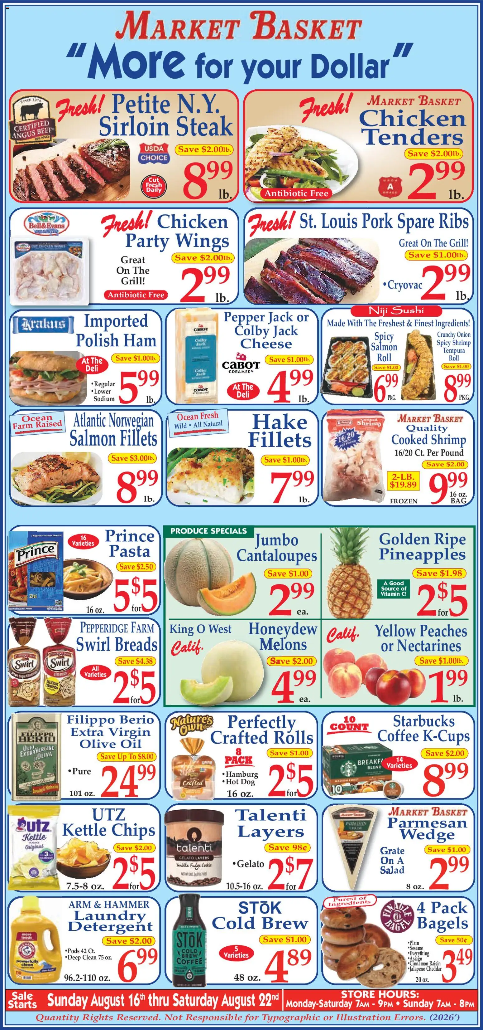 Market Basket Ad - valid from 08/16/2026 | Page: 1 | Products: Sushi, Basket, Olive oil, Vanilla