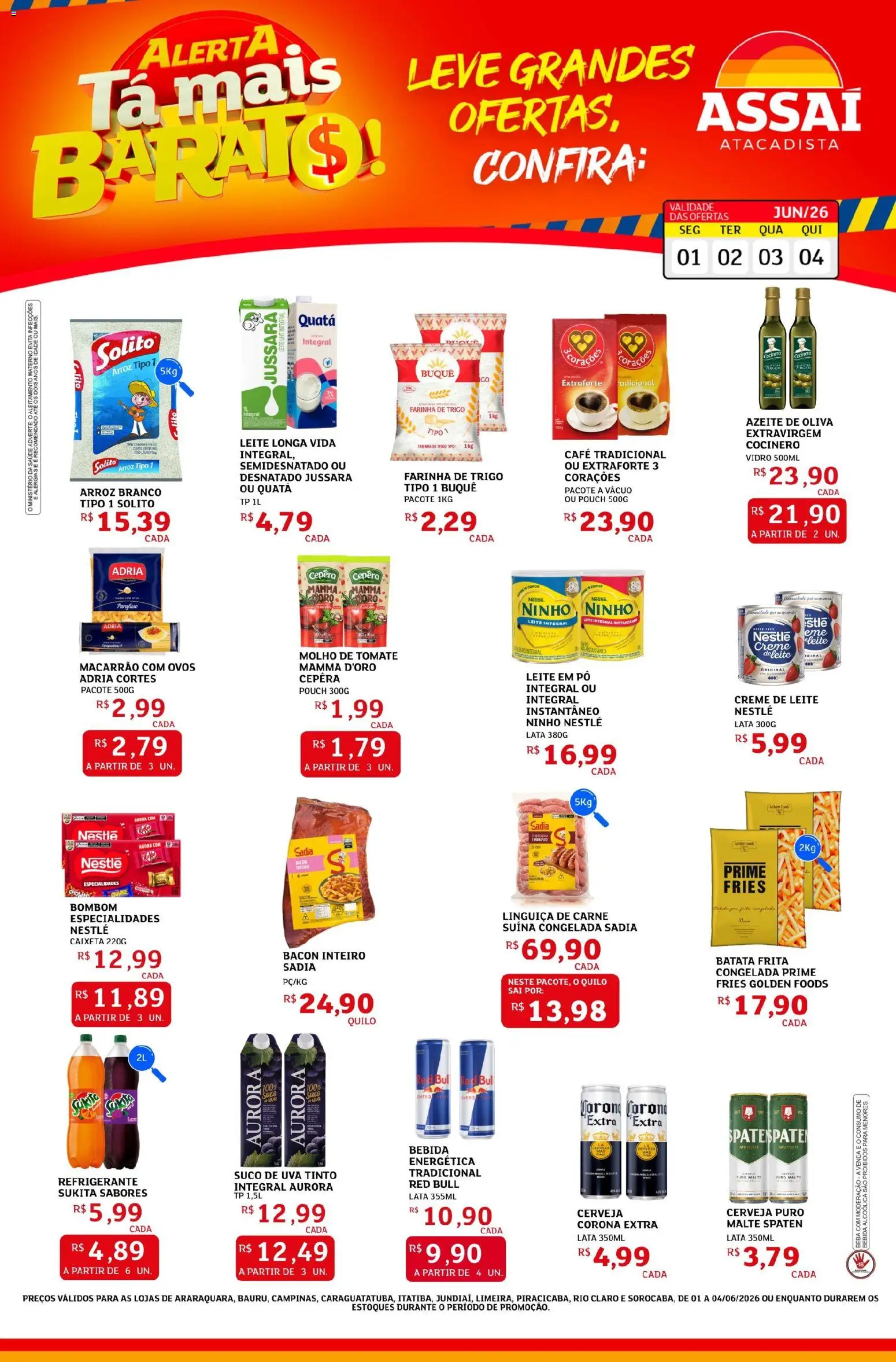 Assaí Atacadista Folheto - válido de 01.06.2026 | Página: 1 | Produtos: Molho de tomate, Arroz, Macarrão, Carne