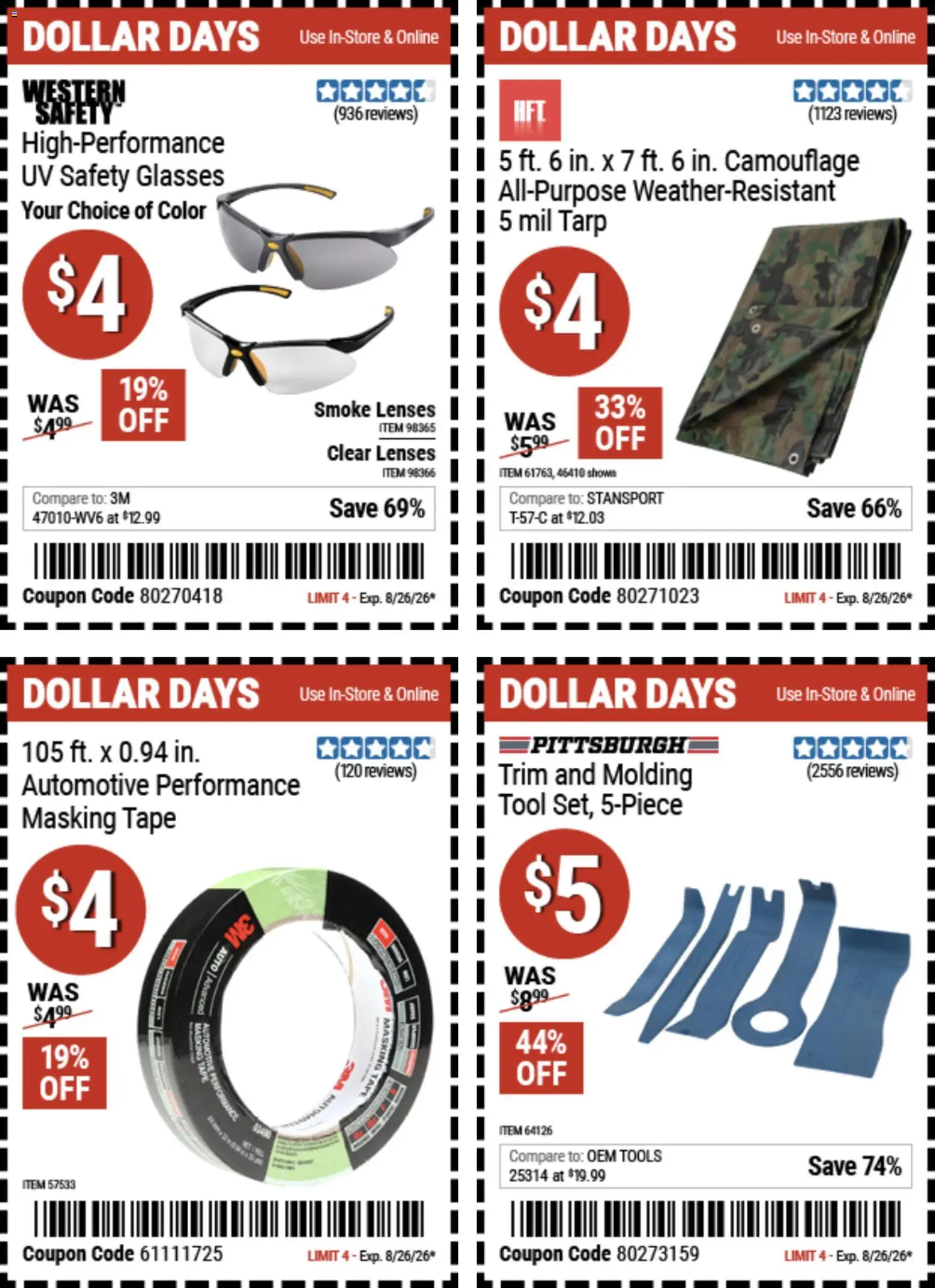 Harbor Freight Dollar Days - valid from 08/13/2026 | Page: 3 | Products: Trim, Glasses, Tools