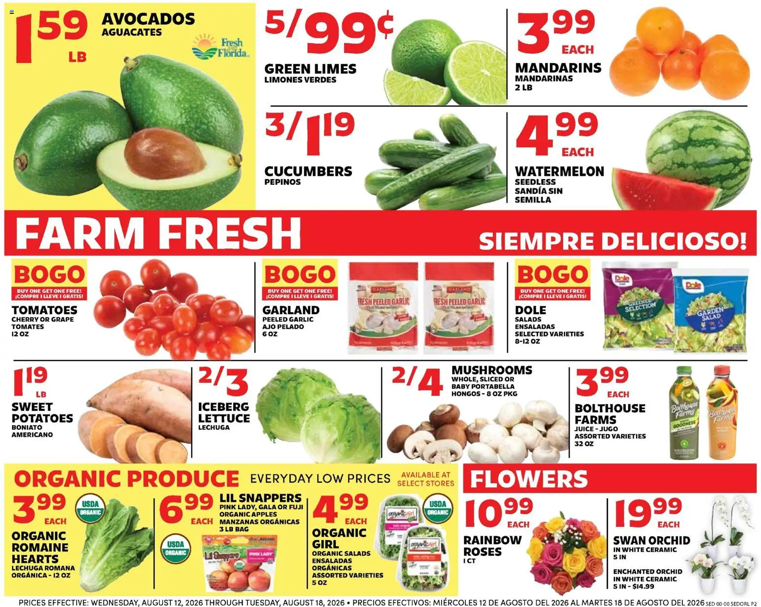 Sedano's Weekly Ad - valid from 08/12/2026 | Page: 2 | Products: Juice, Tomatoes, Salad, Flowers