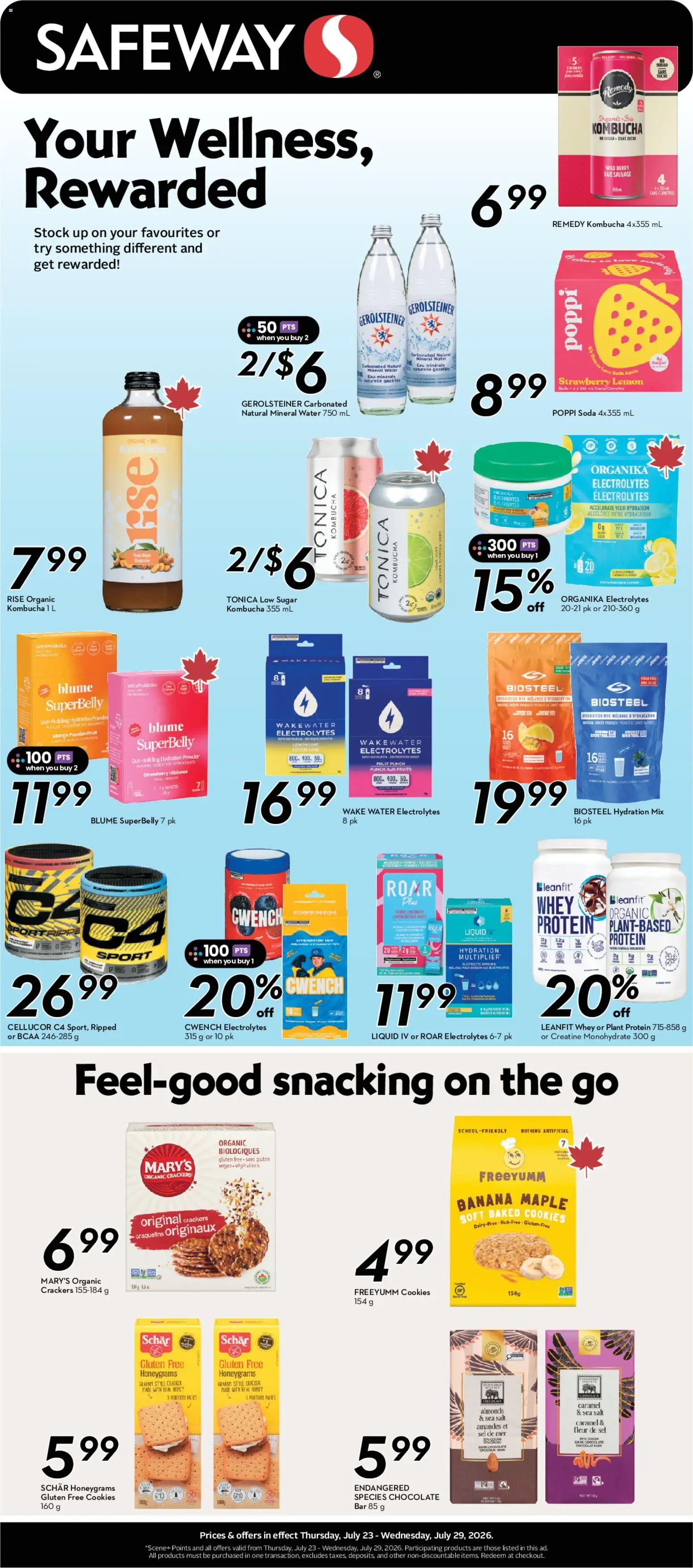 Safeway flyer valid from Jul 23, 2026 | Page: 21 | Products: Water, Probiotics, Mineral water, Chocolate