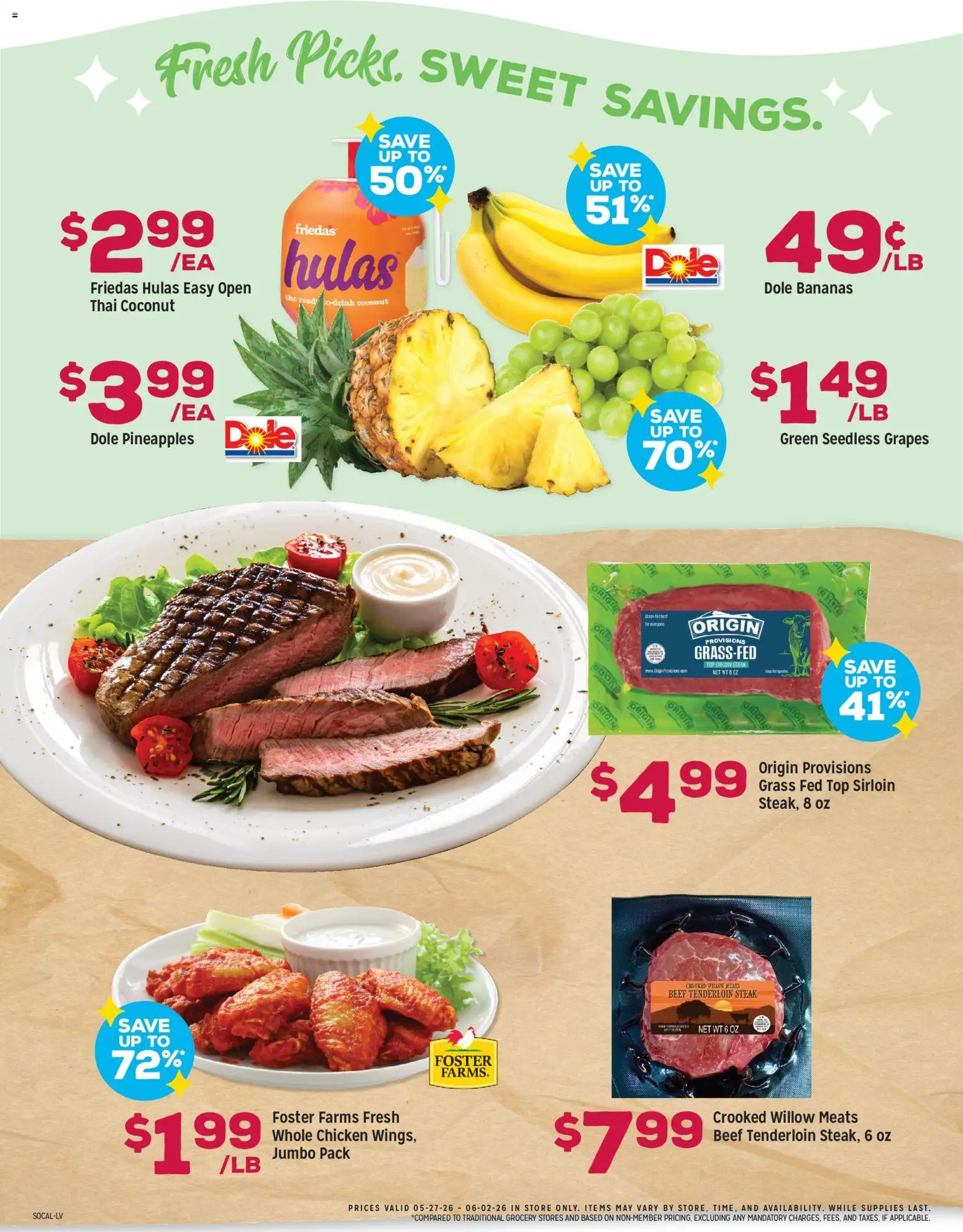 Grocery Outlet Weekly Ad - CA - valid from 27.05.2026 | Page: 2 | Products: Bananas, Beef, Grapes