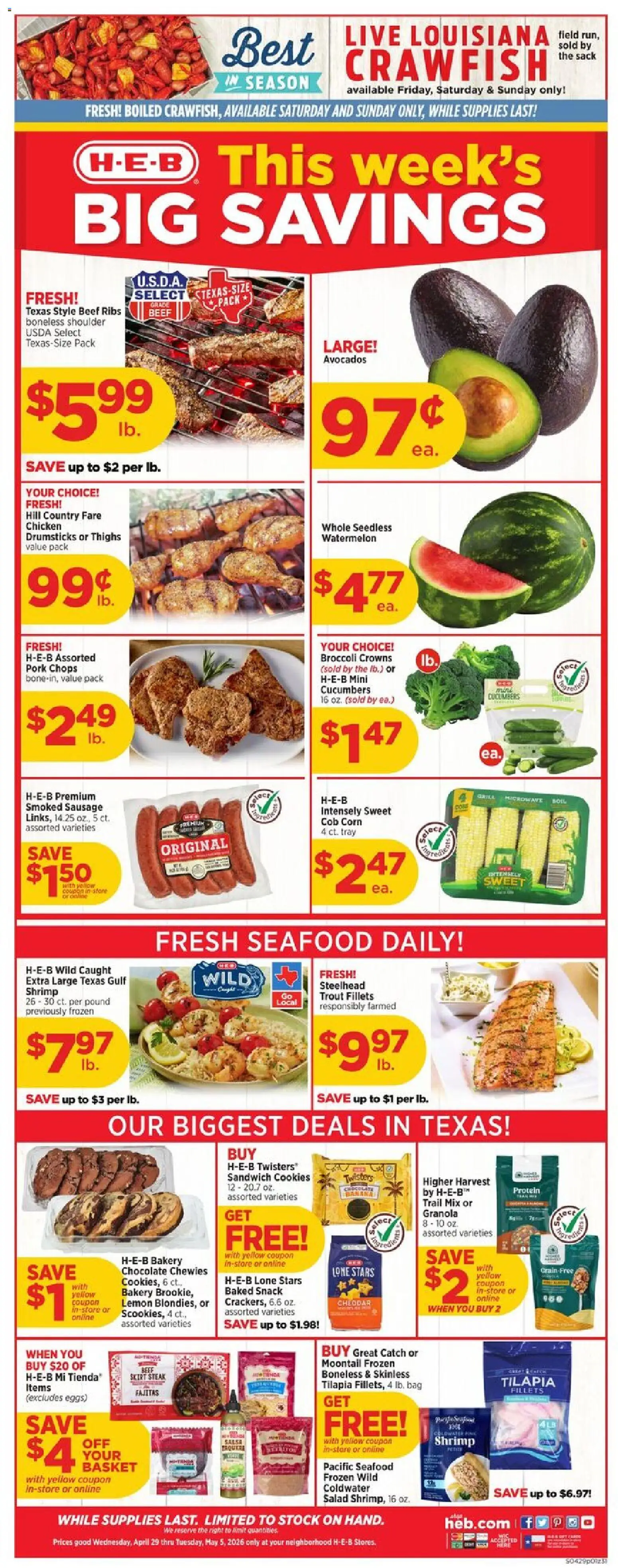 H-E-B Weekly Ad - valid from 29.04.2026 | Page: 1 | Products: Basket, Eggs, Cookies, Lemon
