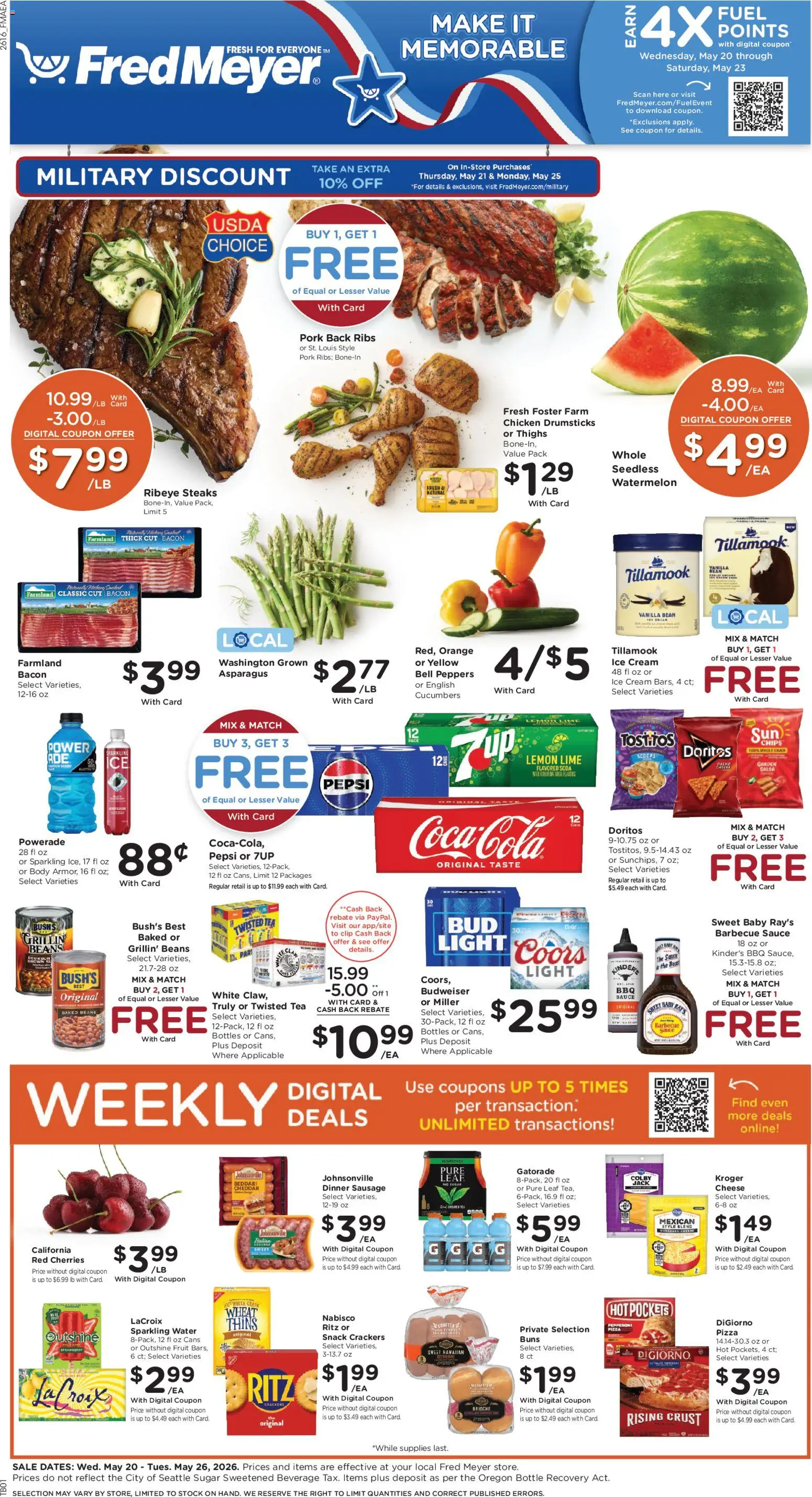 Fred Meyer Weekly Ad - valid from 20.05.2026 | Page: 1 | Products: Asparagus, Cheese, Pizza, Tea